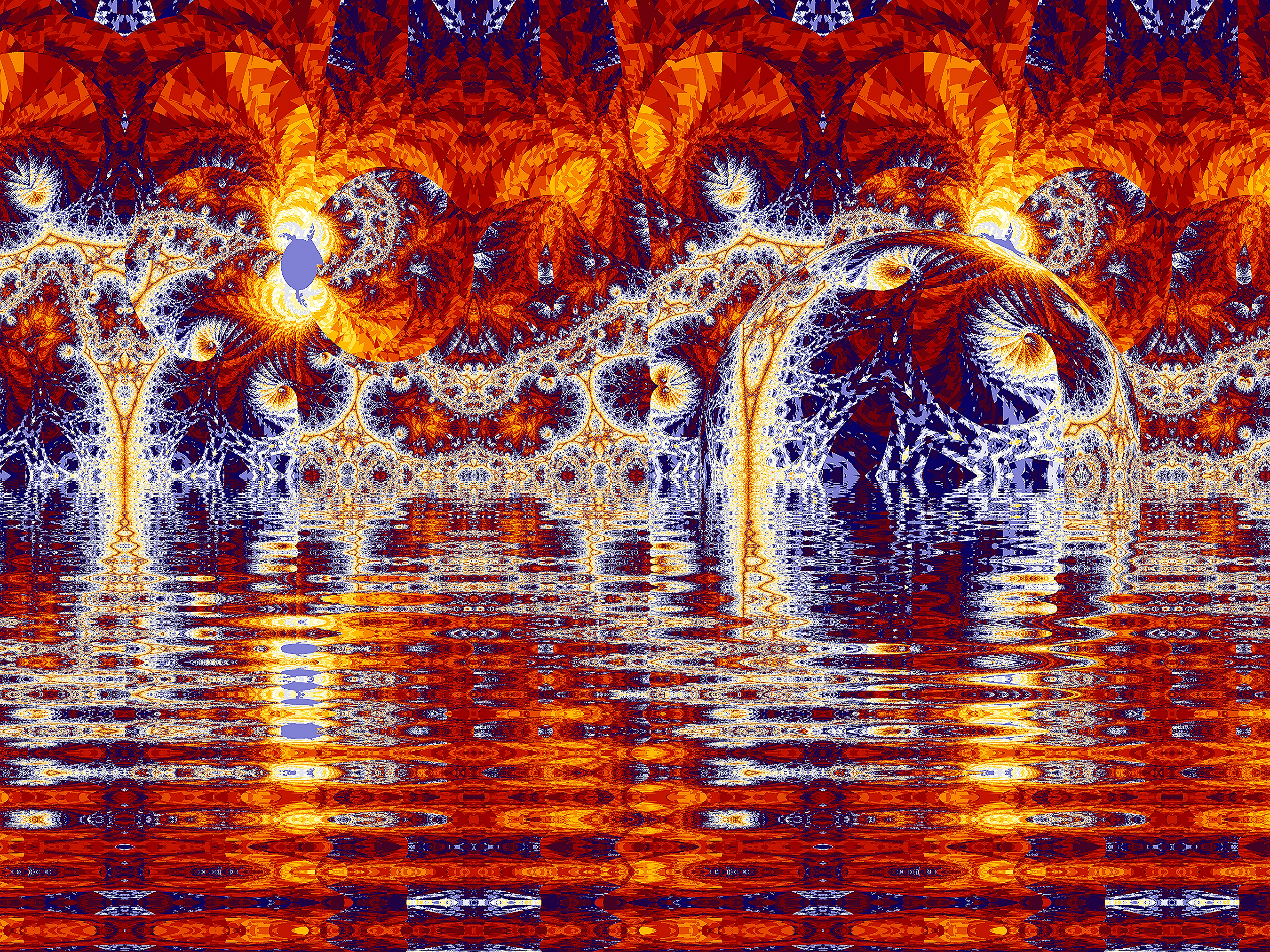Design frattale astratto con colori caldi e superficie riflettente.