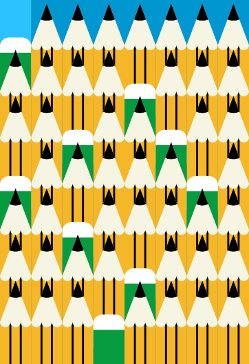 Pattern of yellow pencils with white tips and green erasers.