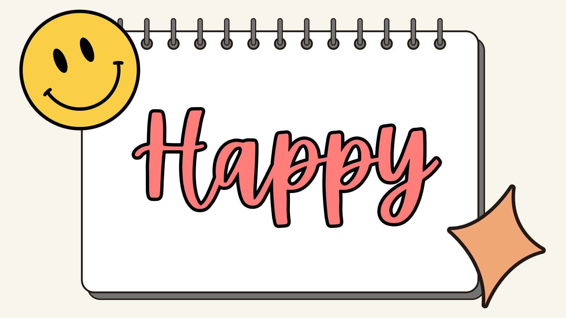 Cuaderno con 'feliz' escrito, carita sonriente y pegatina de estrella.