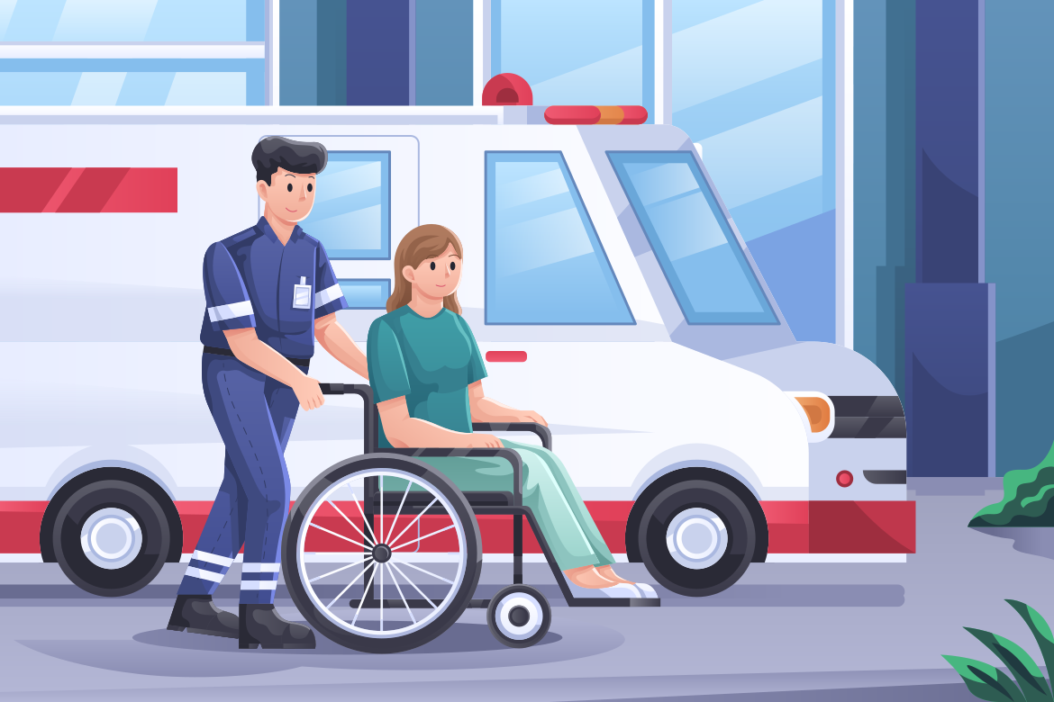 Paramédico empujando a un paciente en silla de ruedas cerca de una ambulancia.
