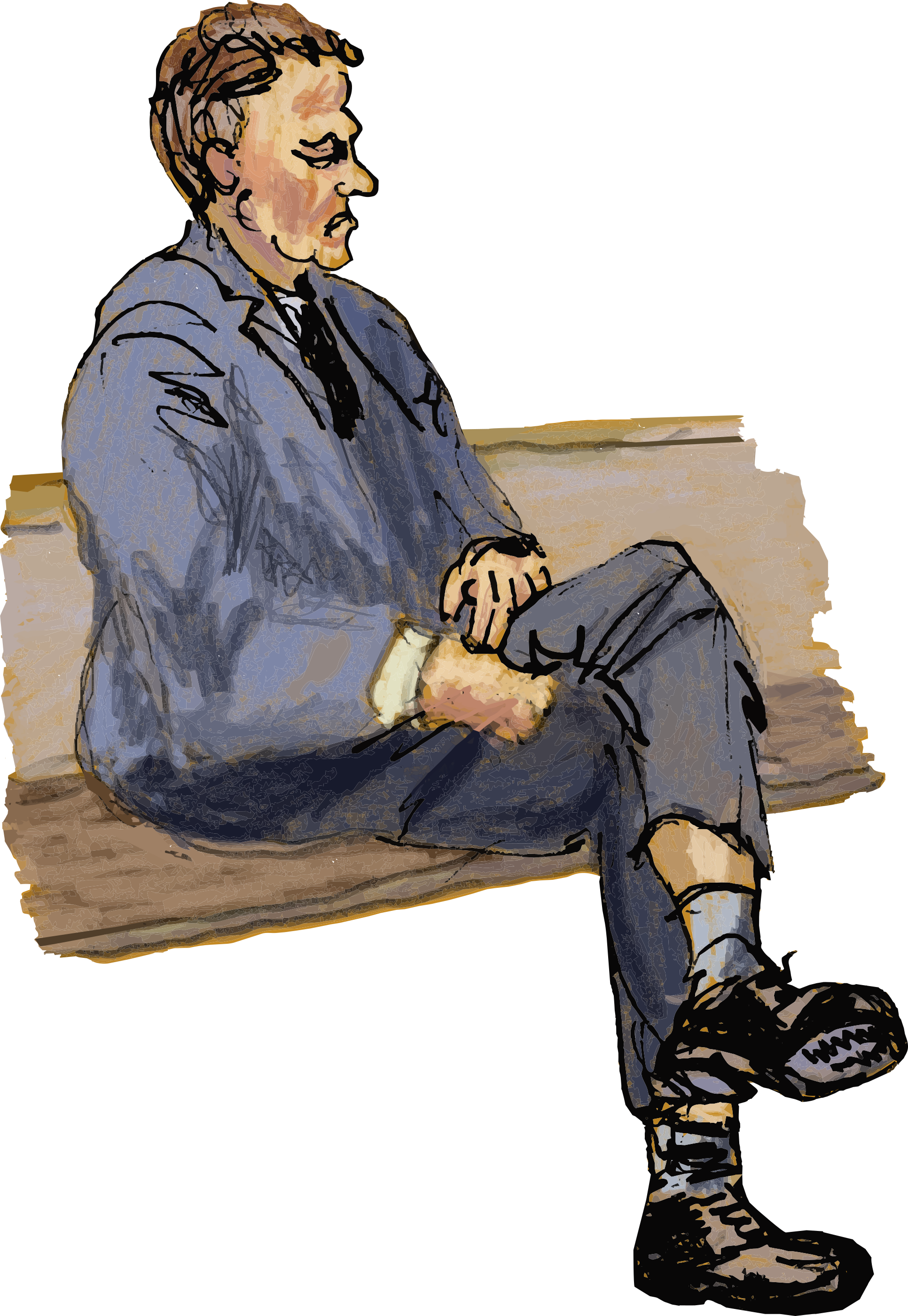 Man in a suit with torn trousers sits on bench.