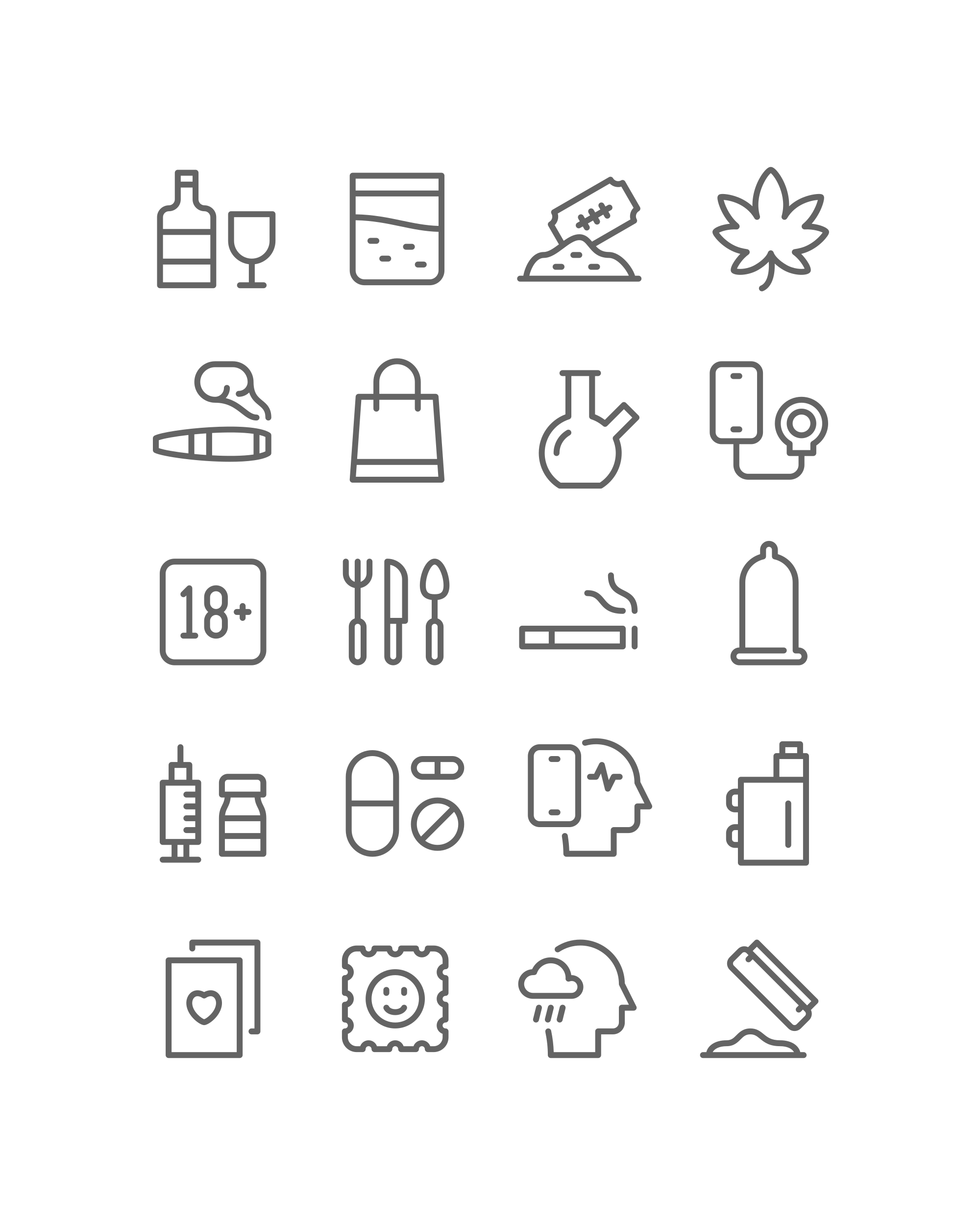 Umrisse Symbole, die verschiedene Laster, Süchte und Erwachsenenthemen repräsentieren.