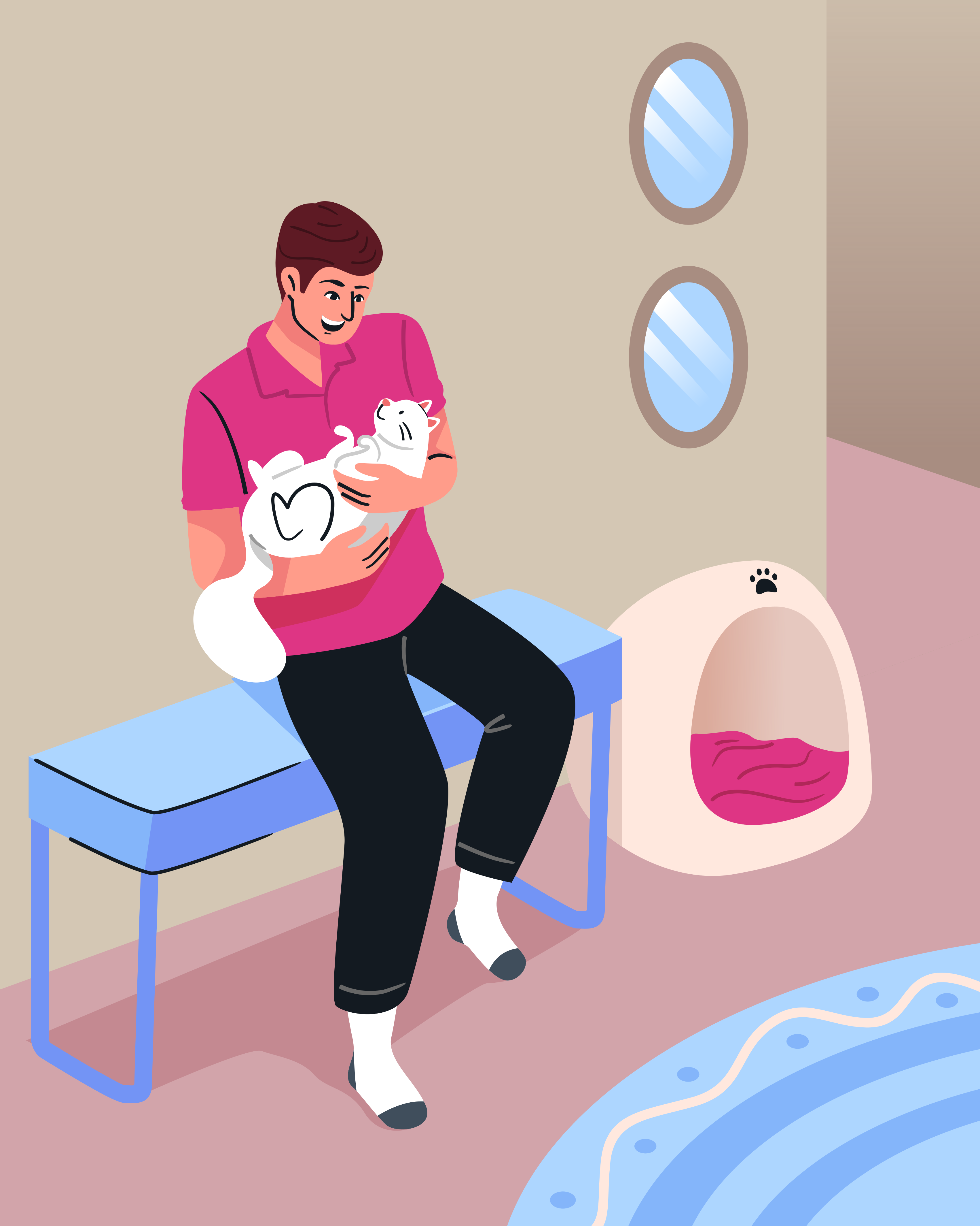 Homem sorridente segurando um gato branco em um banco dentro de casa.