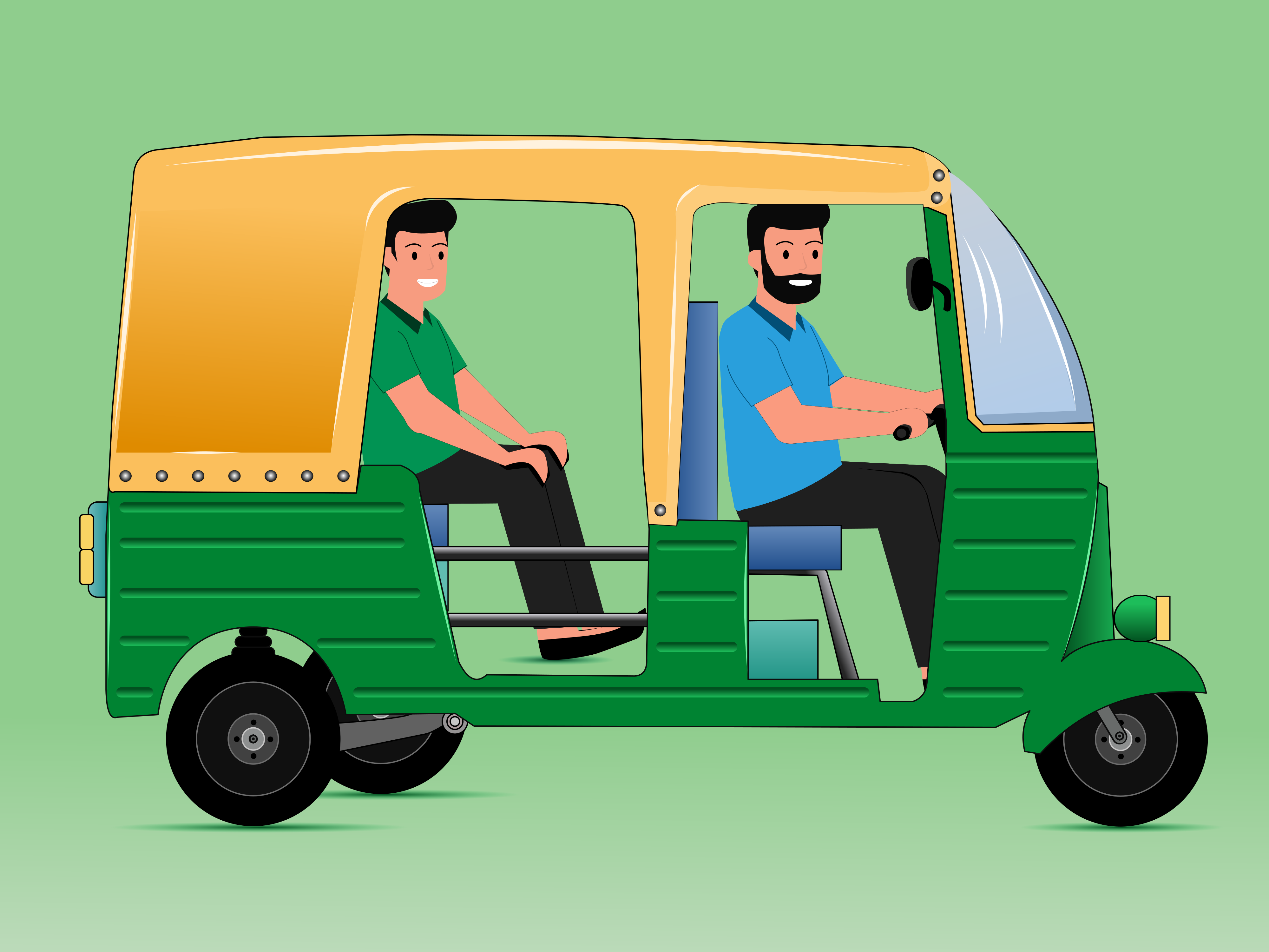 Driver and passenger in a green auto-rickshaw.