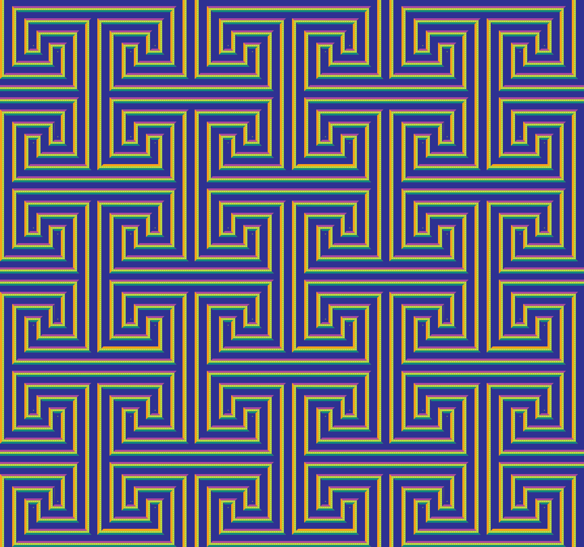 Ineinandergreifendes blaues und gelbes geometrisches Labyrinthmuster.