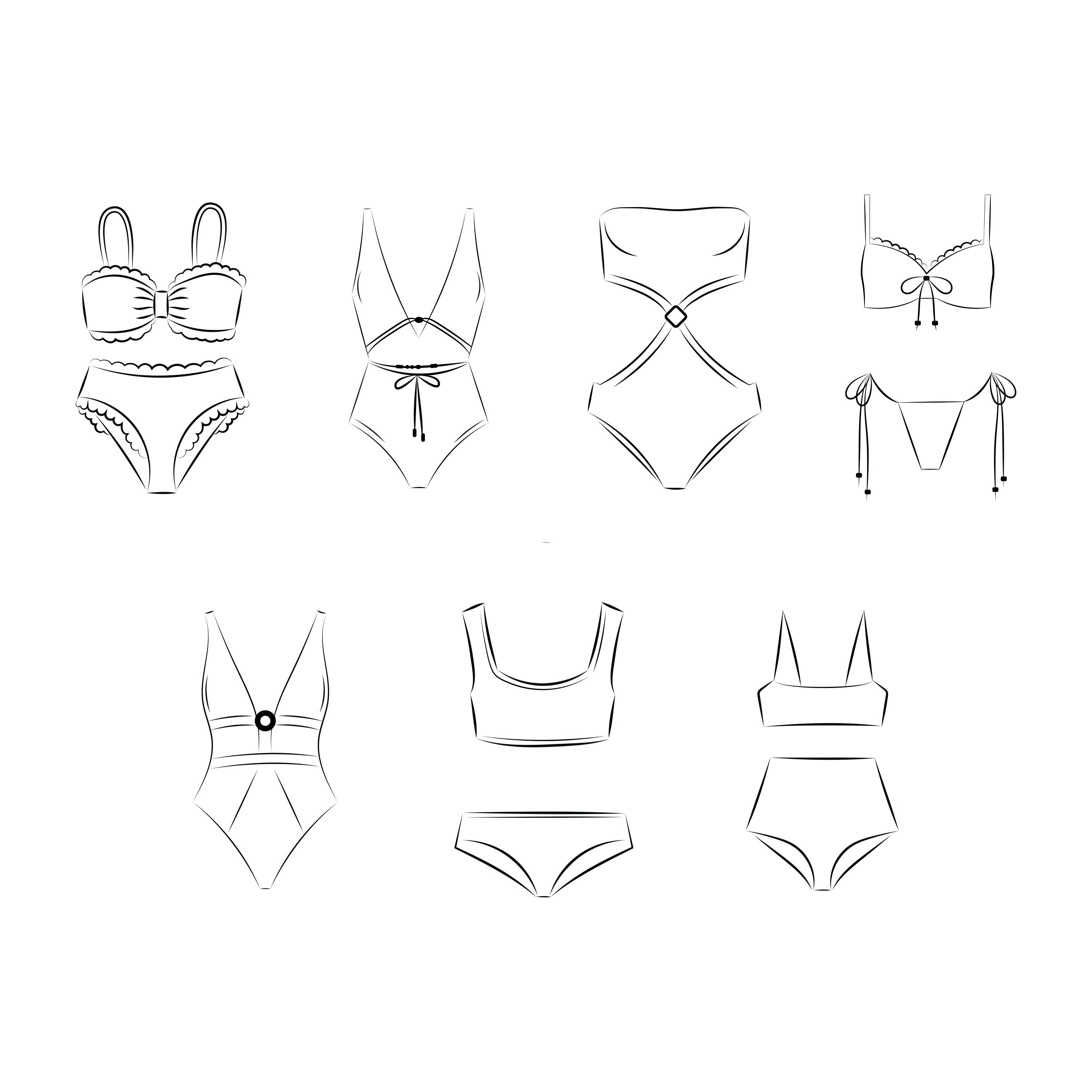 Skizzen verschiedener Damenbadeanzüge und Bikinis.