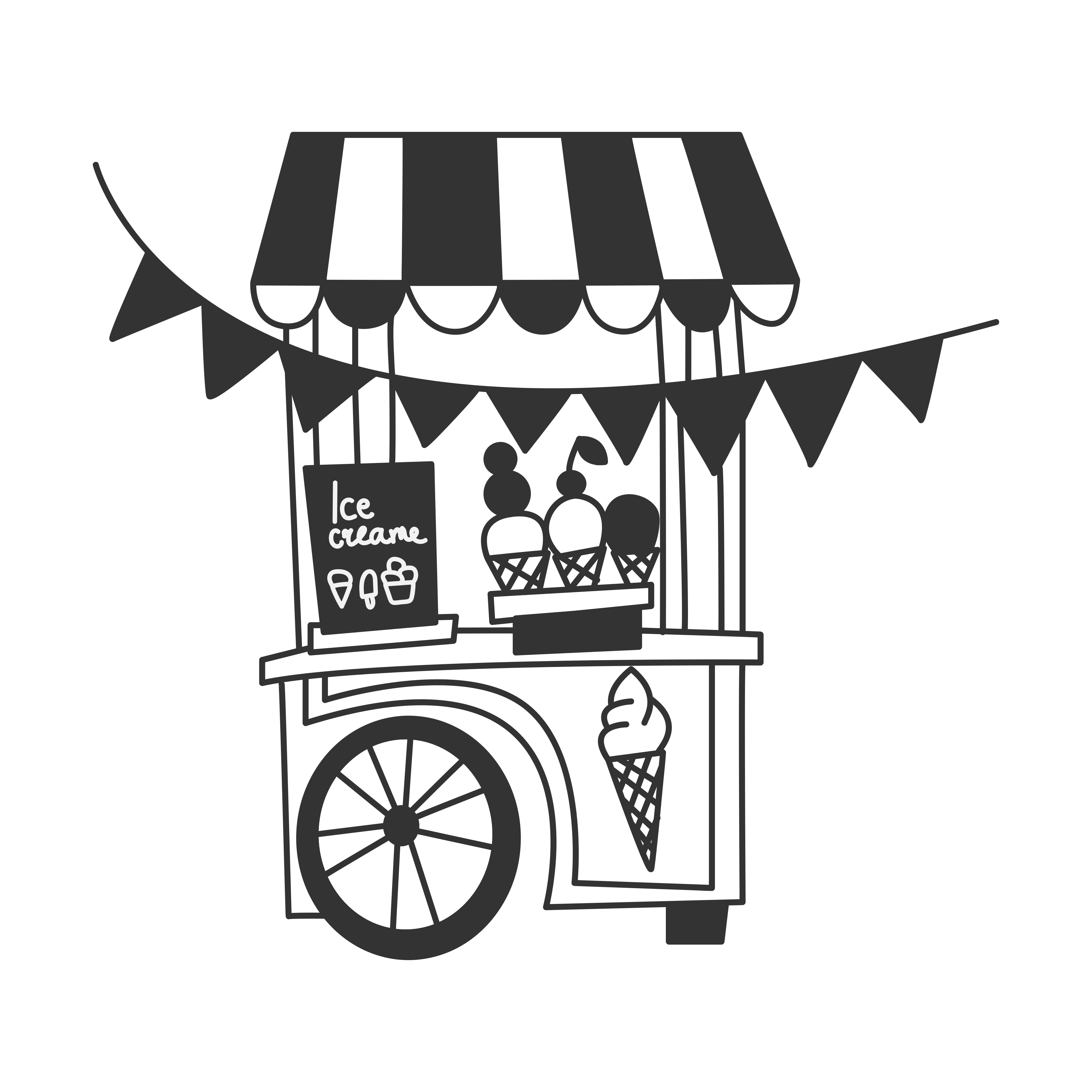 An ice cream cart with a striped awning and bunting.