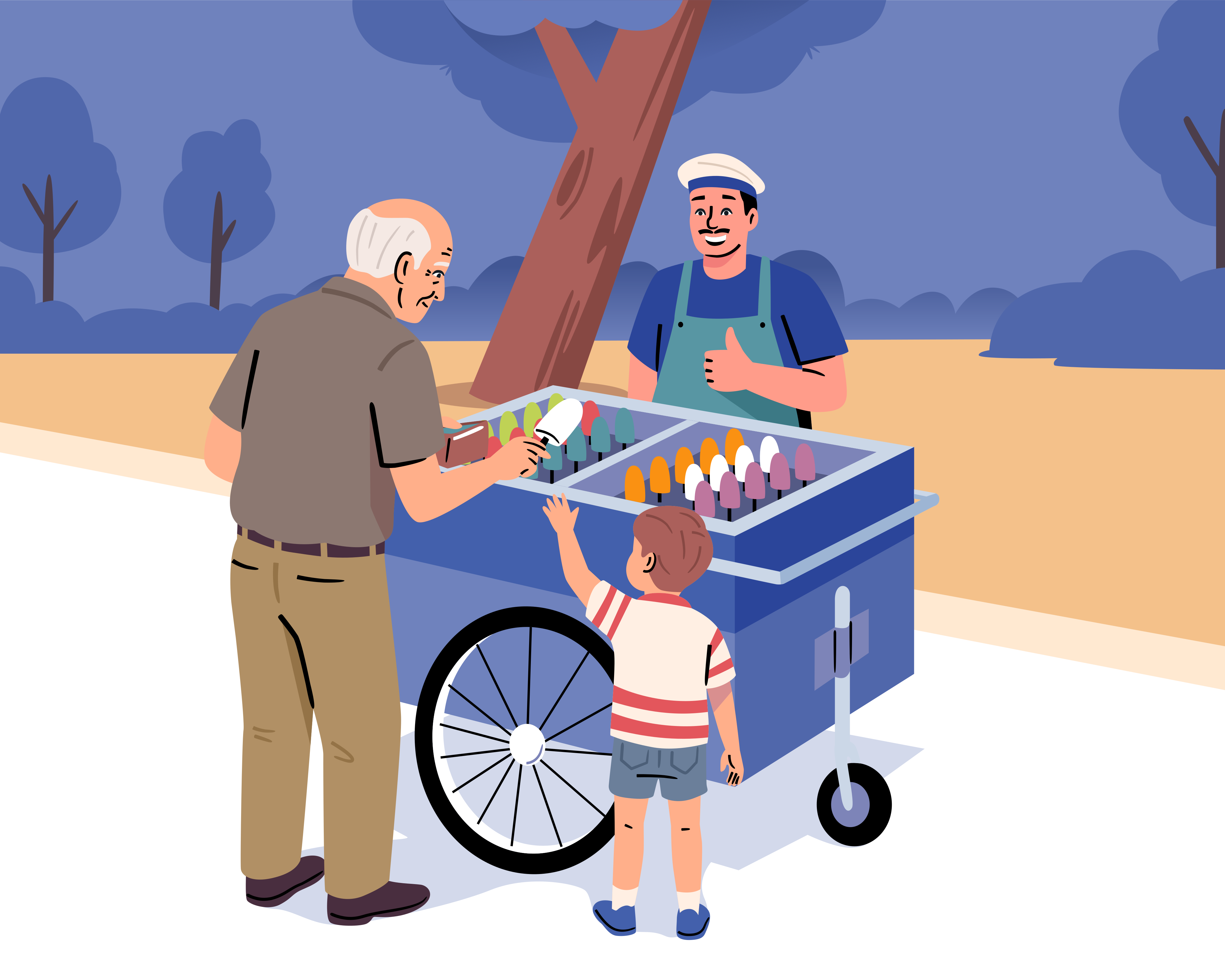 Hombre y niño comprando helado a un vendedor sonriente.