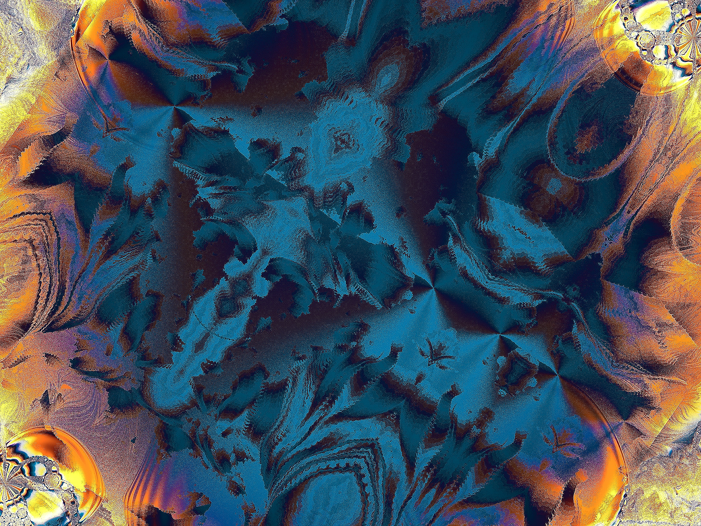 Abstract blue and orange fractal pattern with intricate details.