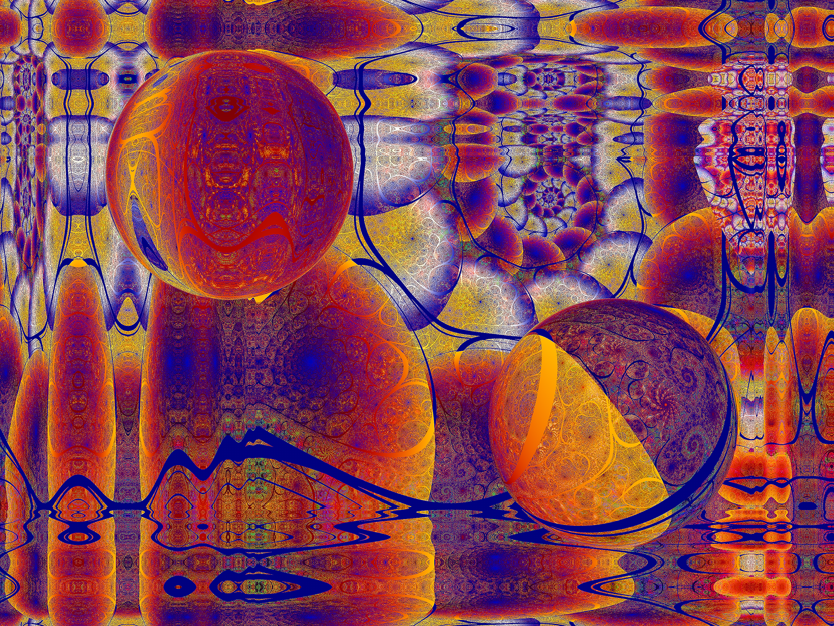Abstract colorful spheres and wavy patterns in orange and purple.