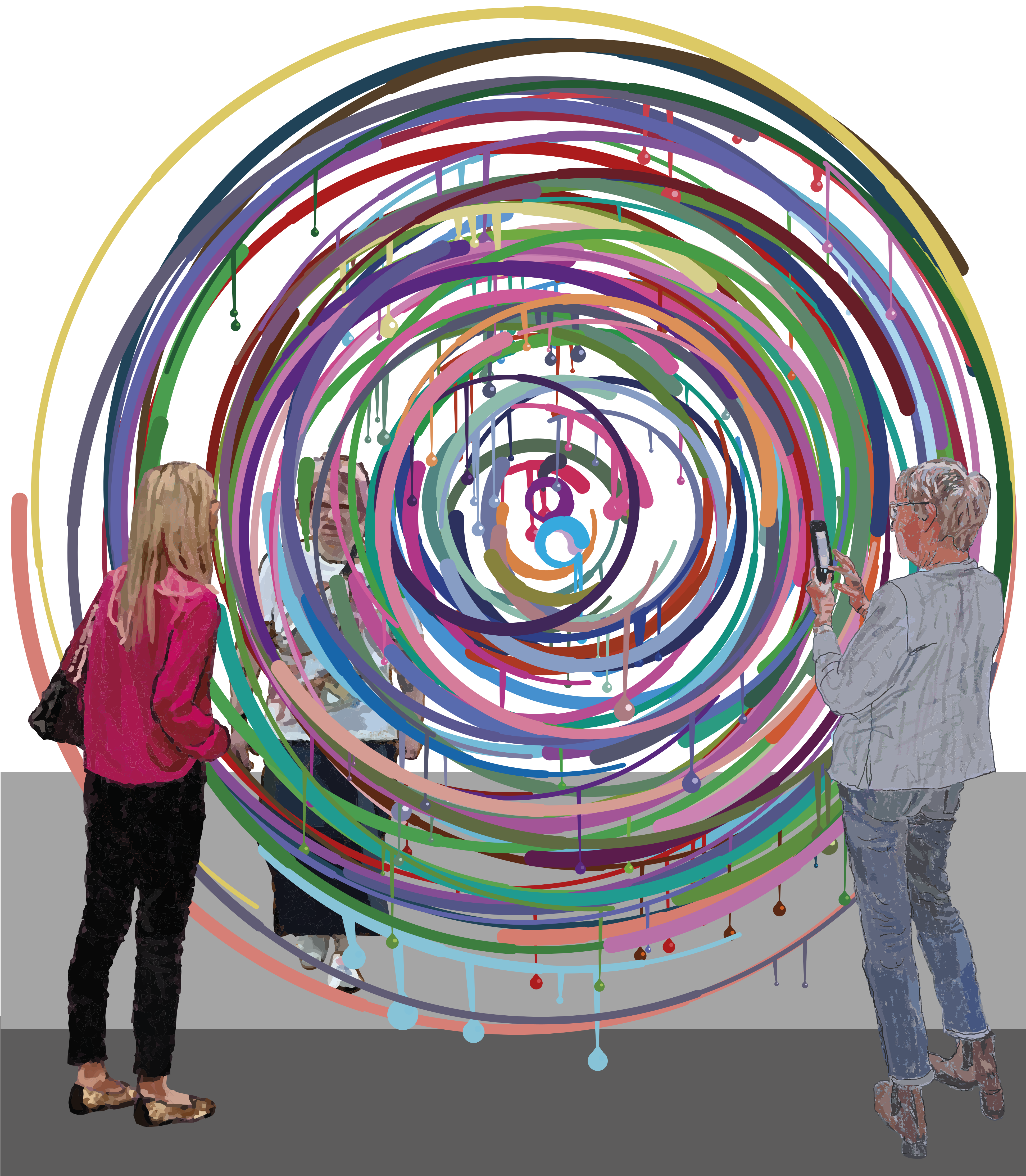 Duas pessoas assistindo a uma grande e colorida arte abstrata em espiral.