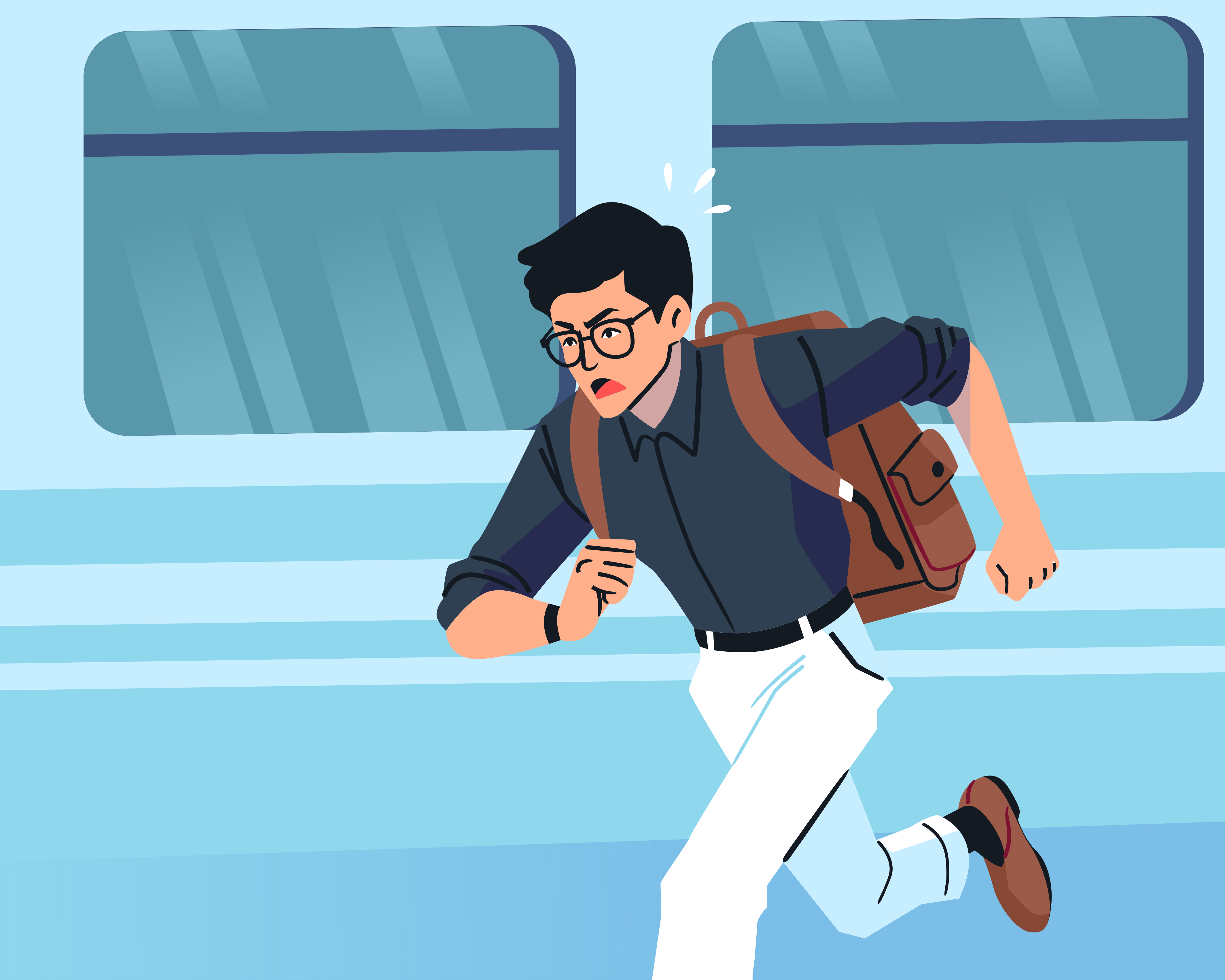 A man runs, looking at his watch, beside a train.
