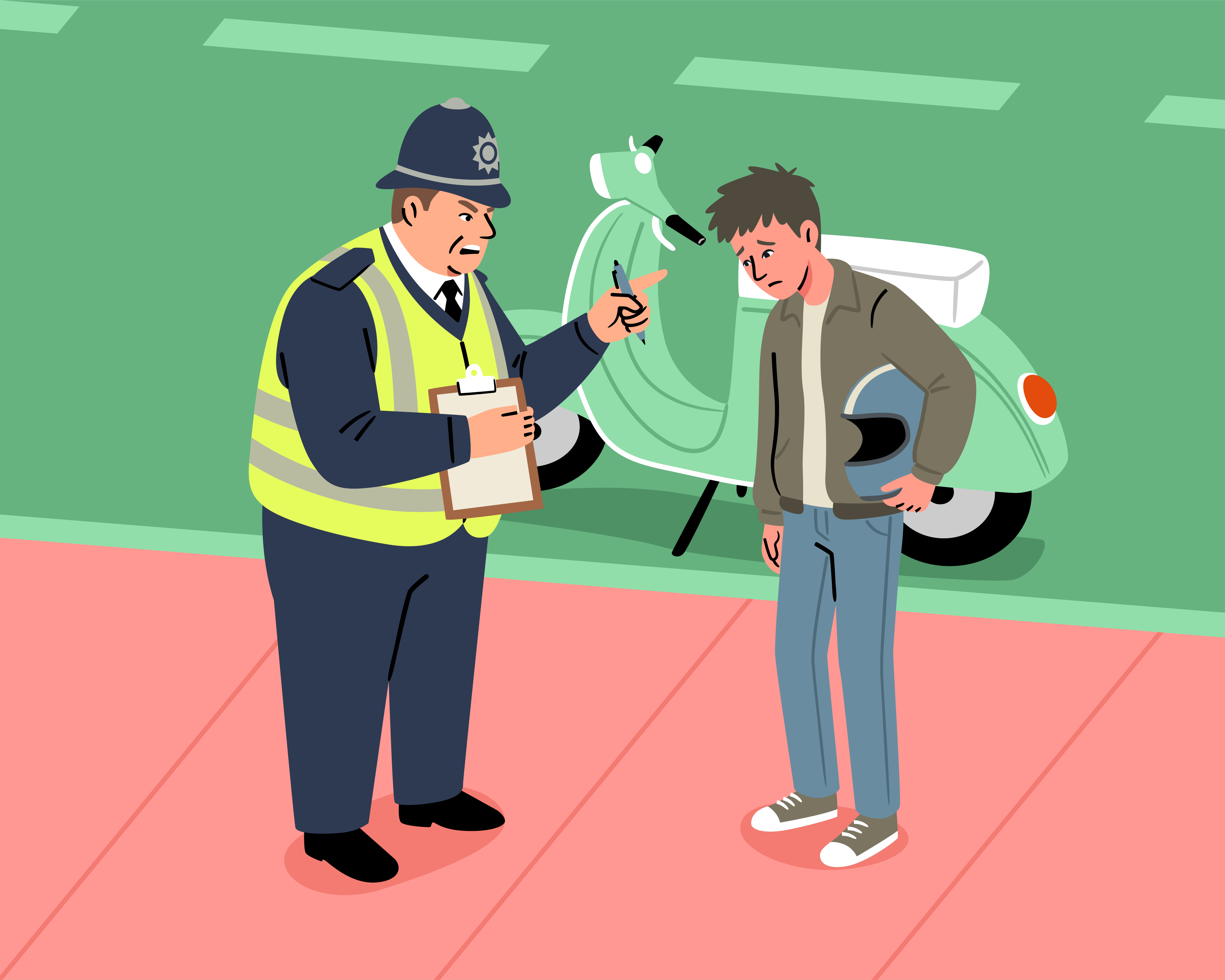 Ein Polizist spricht mit einem jungen Mann neben einem Roller.