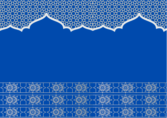 Fondo azul con arco blanco de mezquita y patrones geométricos.
