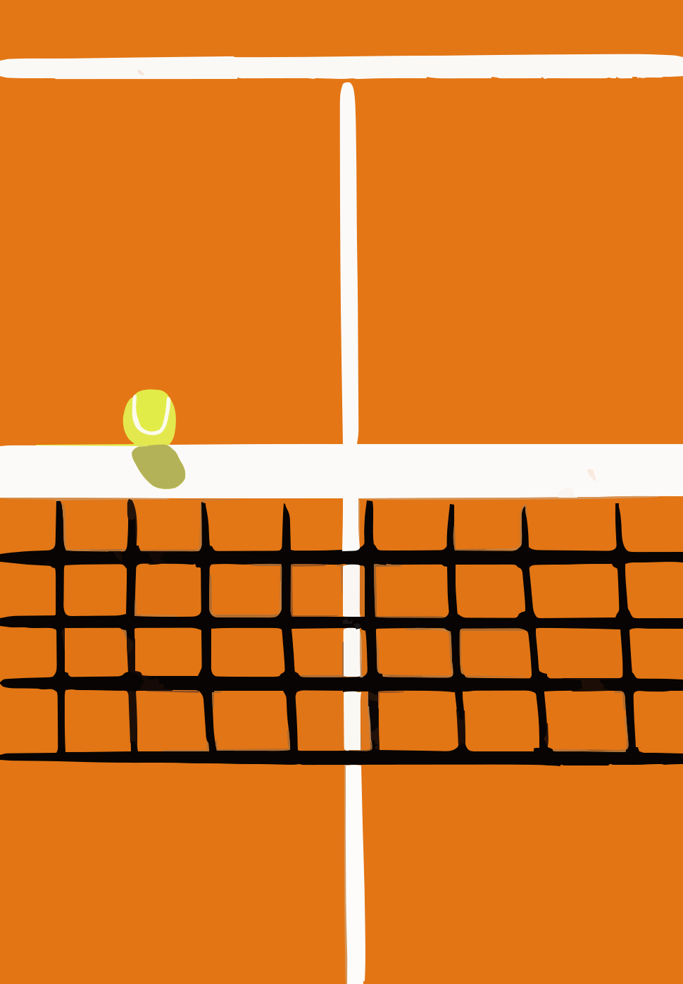 Pelota de tenis en una pista de tierra batida naranja con red.