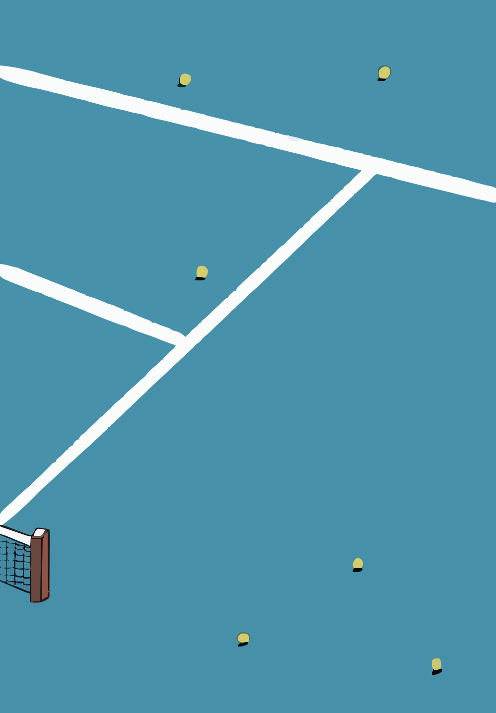 Tennis court with white lines, net, and scattered balls.