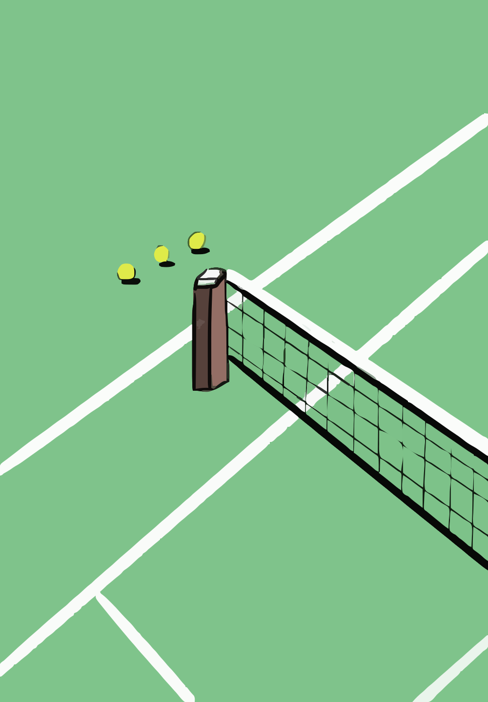 Pista de tenis con red y cuatro pelotas amarillas.