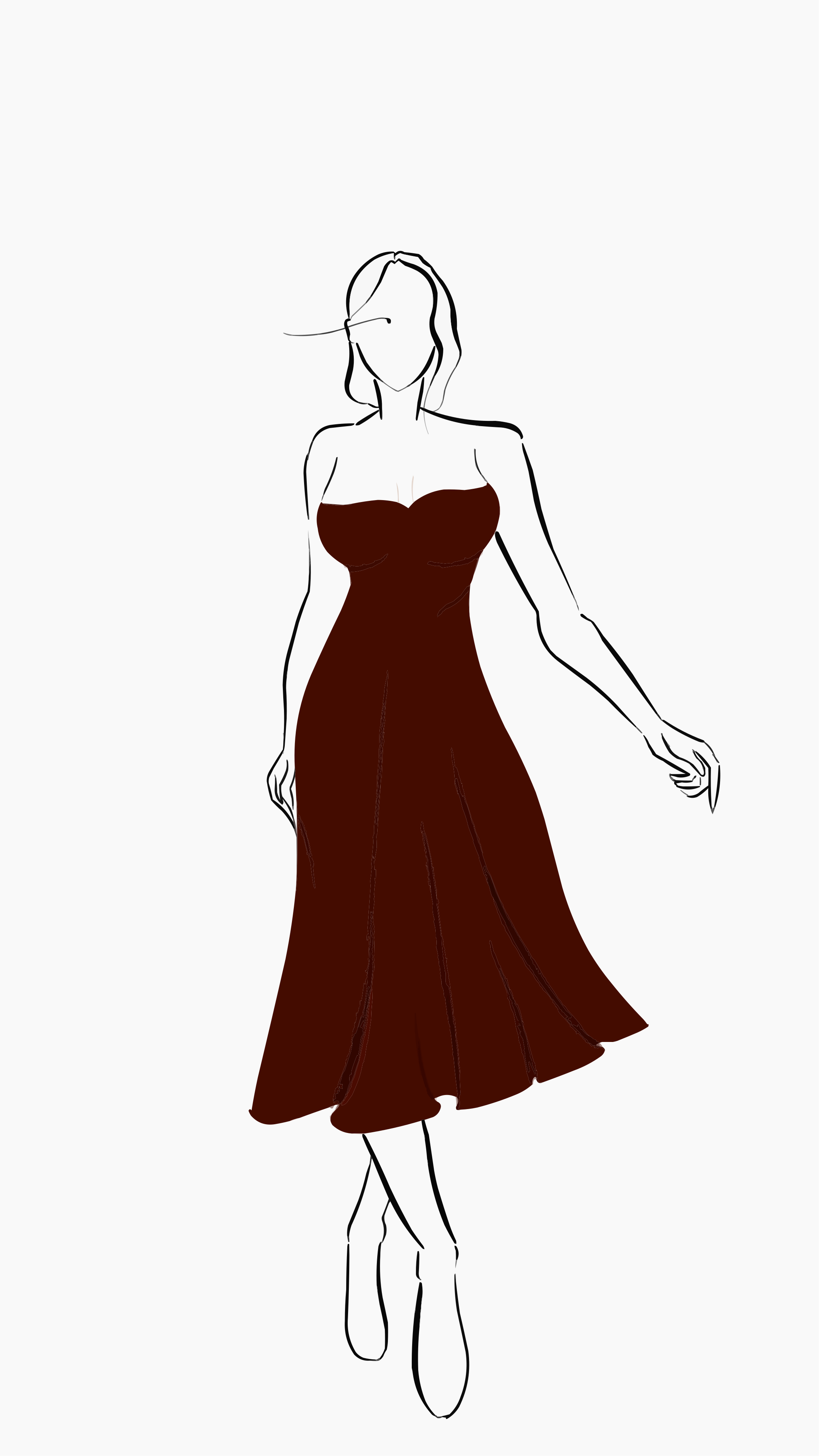 Woman in a dark red strapless dress illustration.