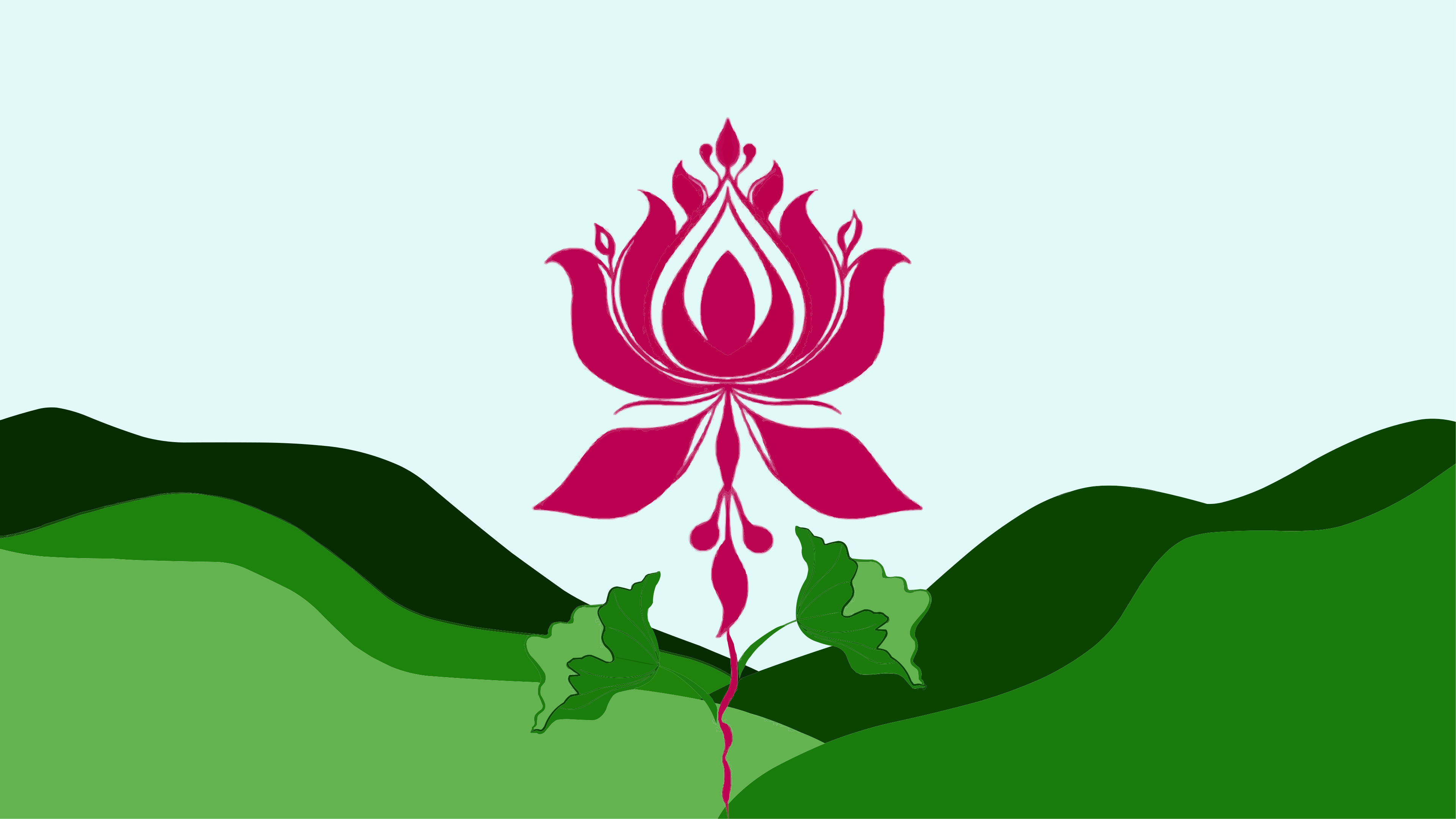 Stylized pink lotus flower growing amidst green hills.