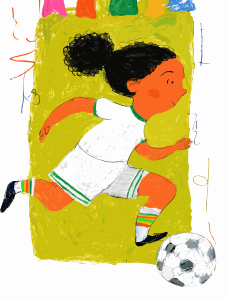 An illustrated girl runs with a soccer ball.