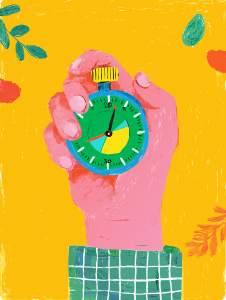 A hand holding a green stopwatch on a yellow background.
