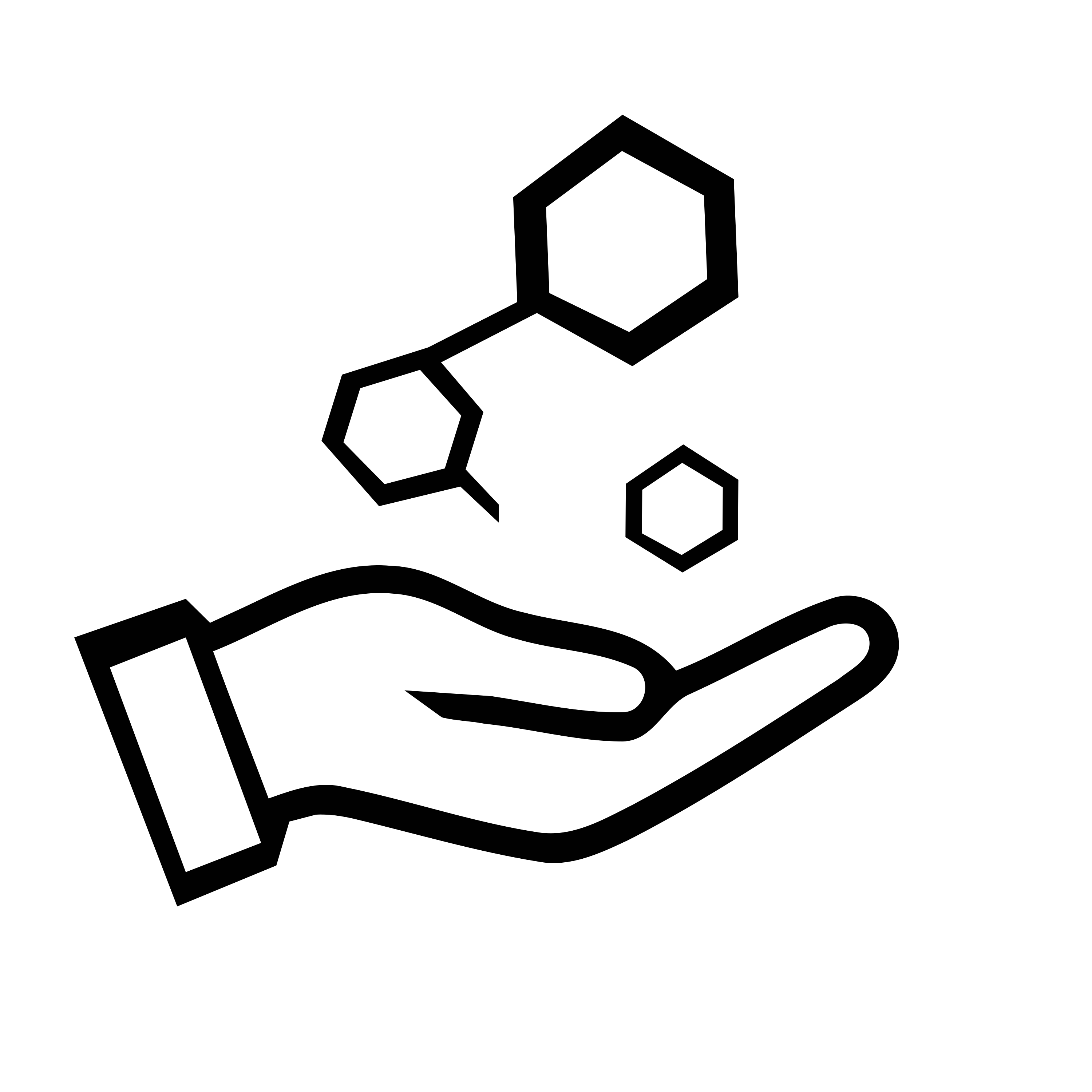 Hand with floating abstract hexagonal shapes.