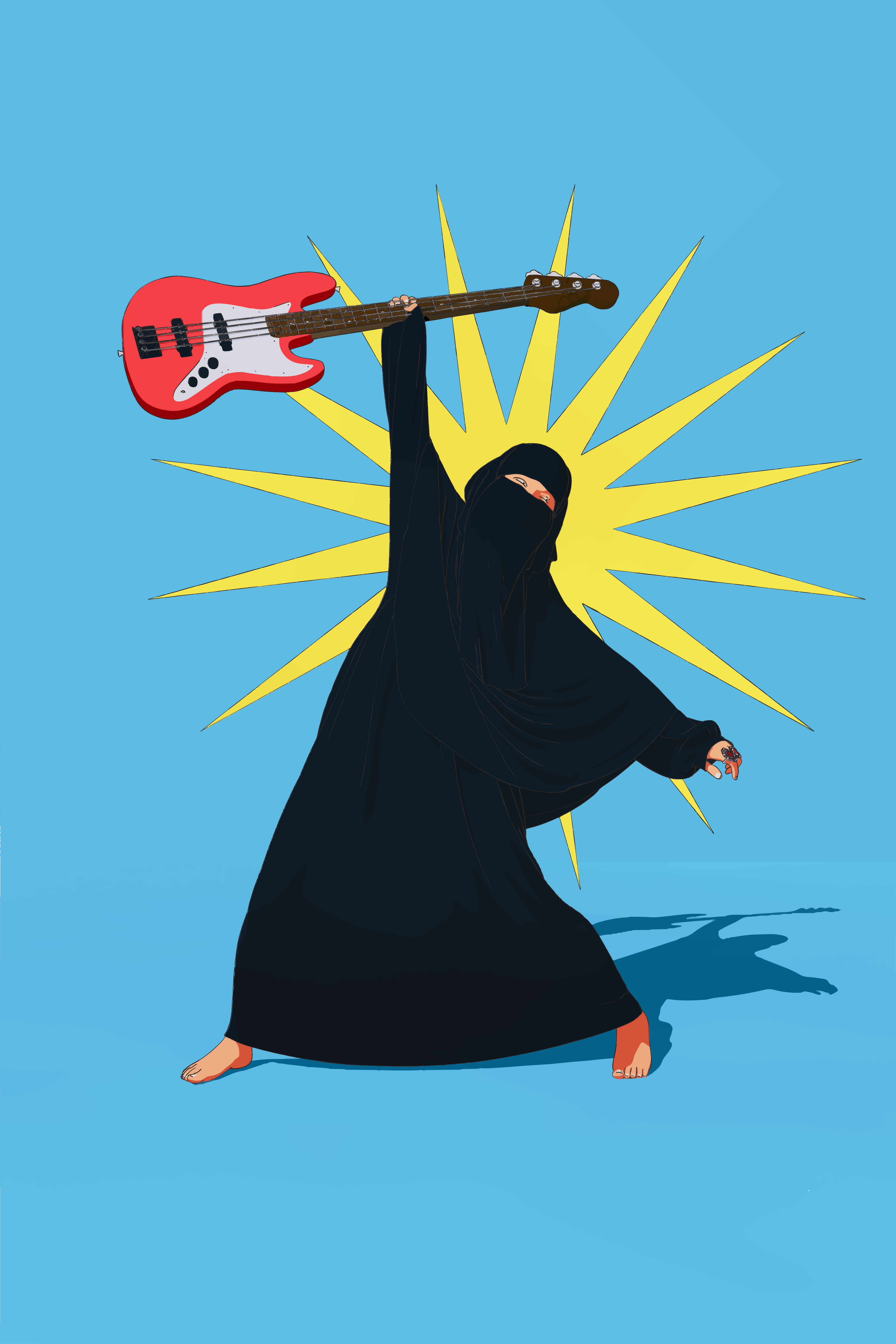 Person in niqab holds red bass guitar with yellow starburst