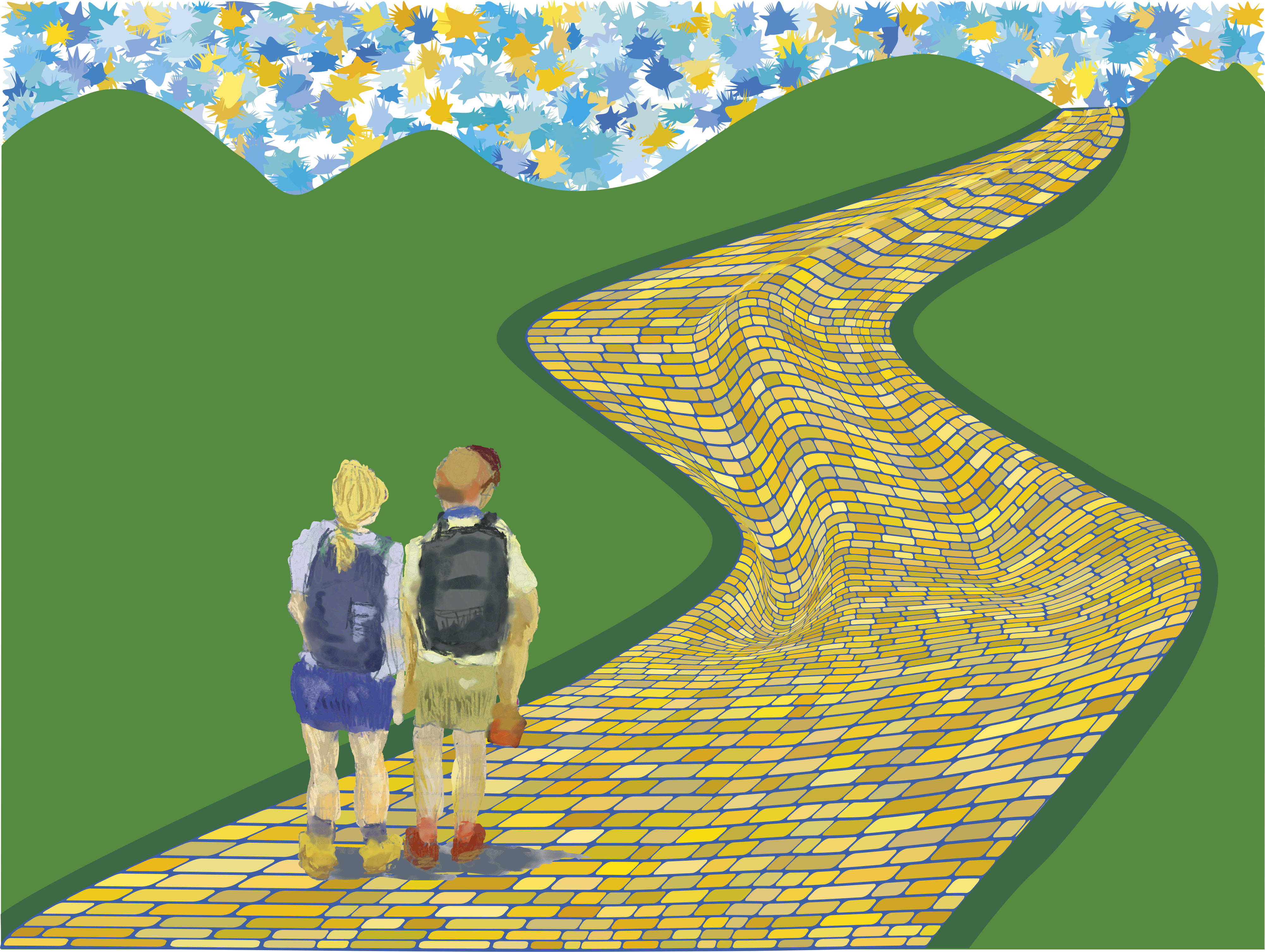 Two people with backpacks walk on a yellow brick road.