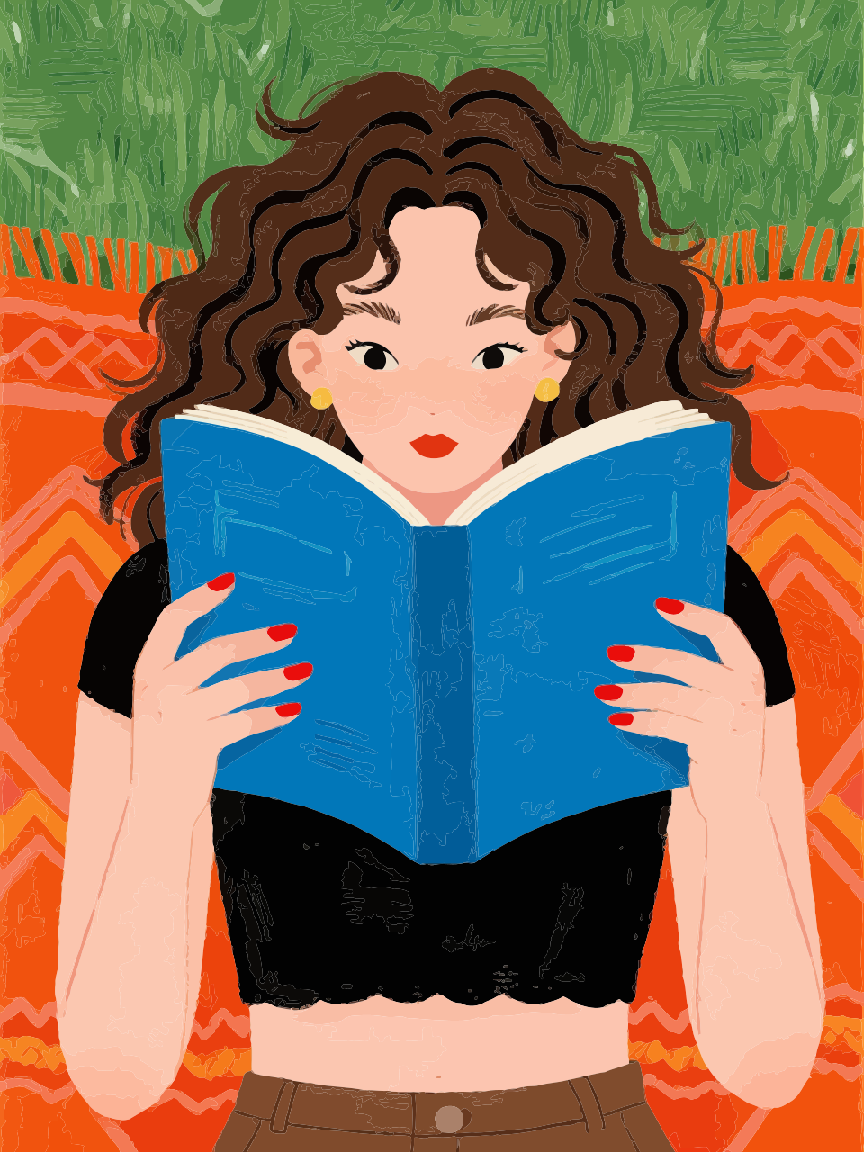 A young woman with curly hair reading a blue book.