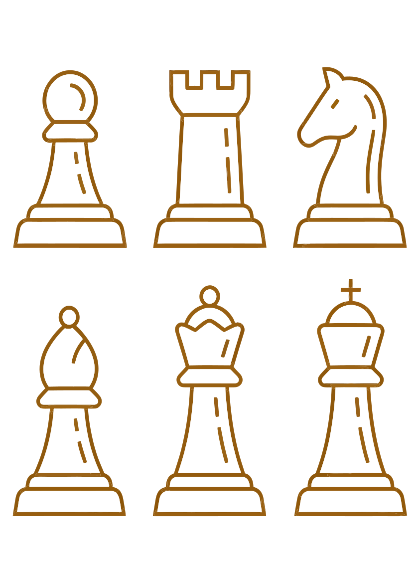 Outline illustrations of various chess pieces.