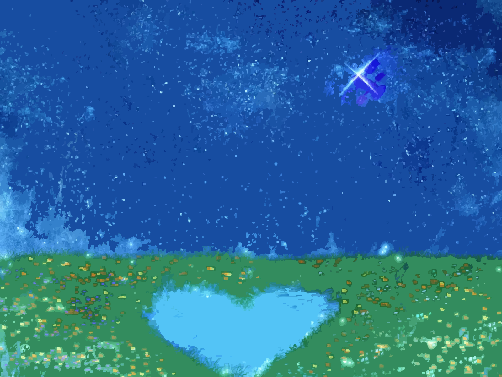A heart-shaped pond in a field under a starry sky.