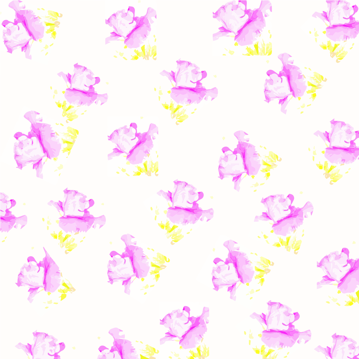 Repeating pink flowers with yellow accents on a white background.