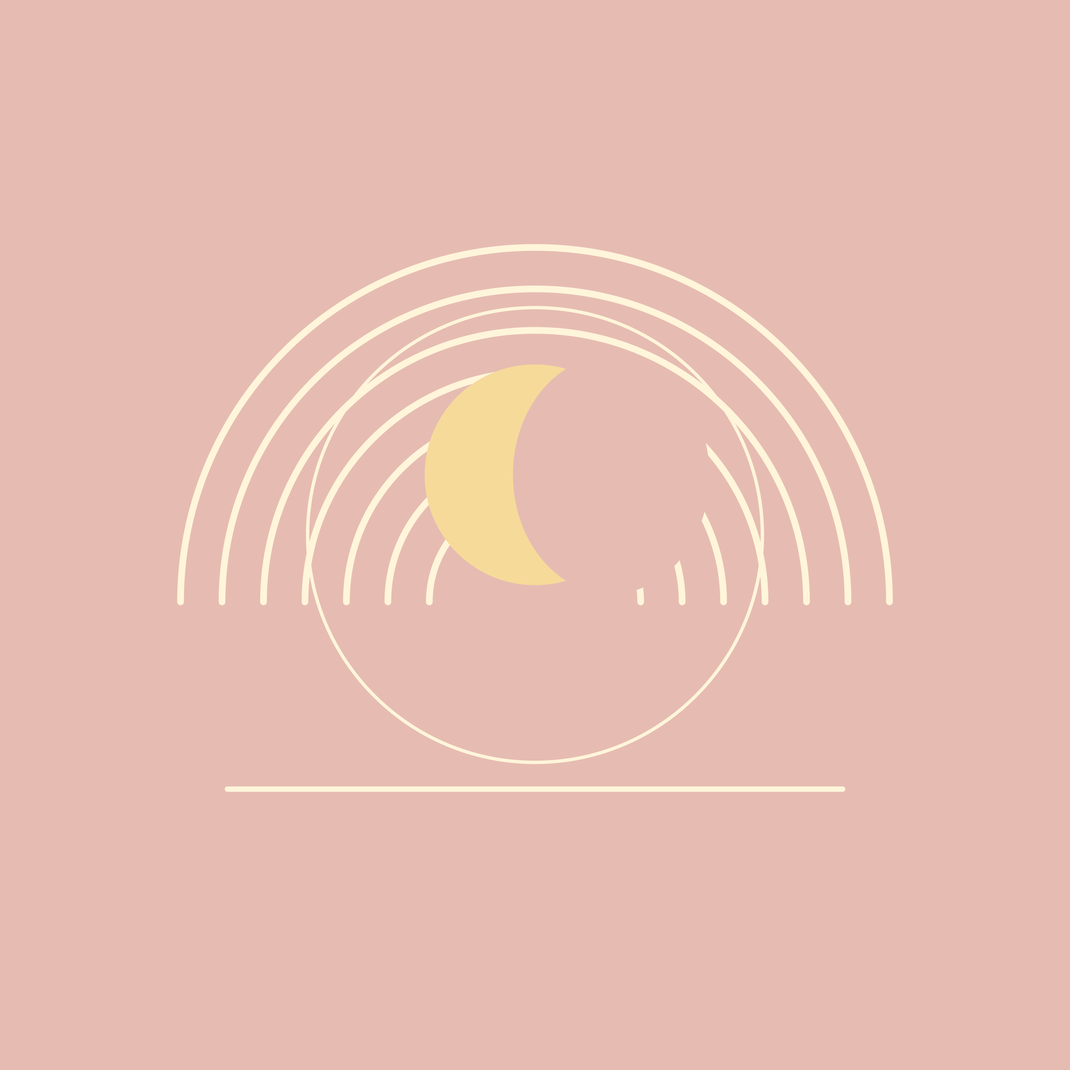Yellow crescent moon with white arcs on pink background.