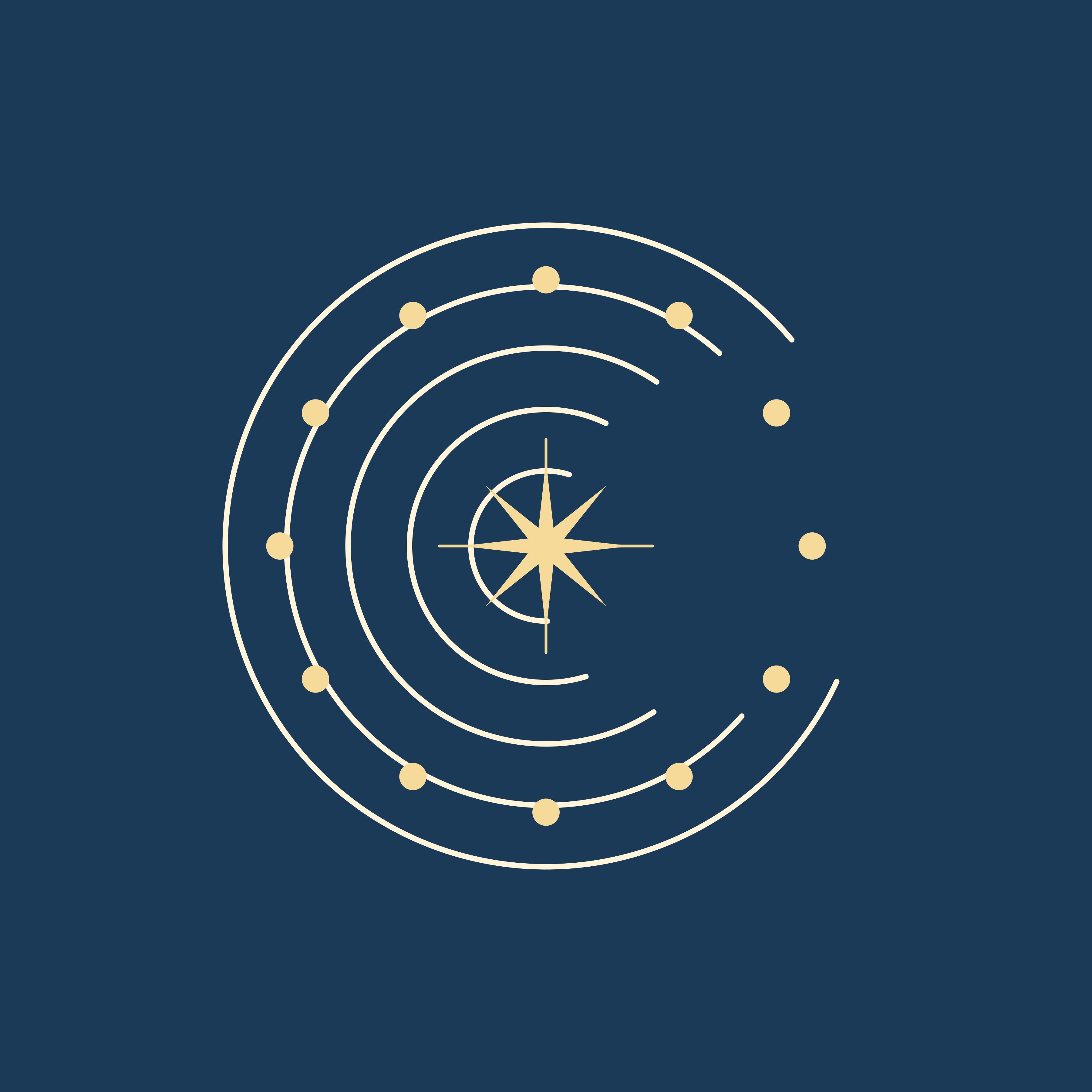 Abstract star with concentric circles and dots on blue.