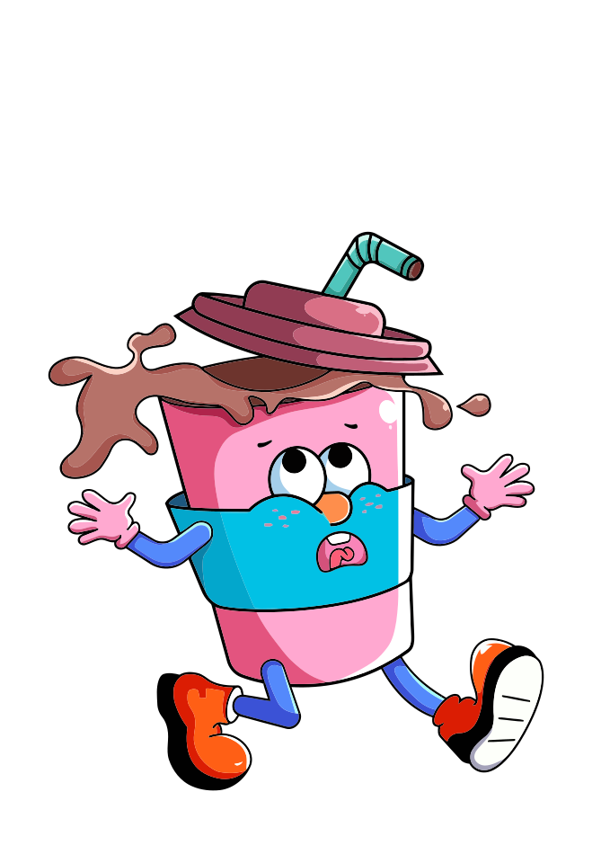 Desenho animado assustado, copo rosa derramando chocolate e correndo