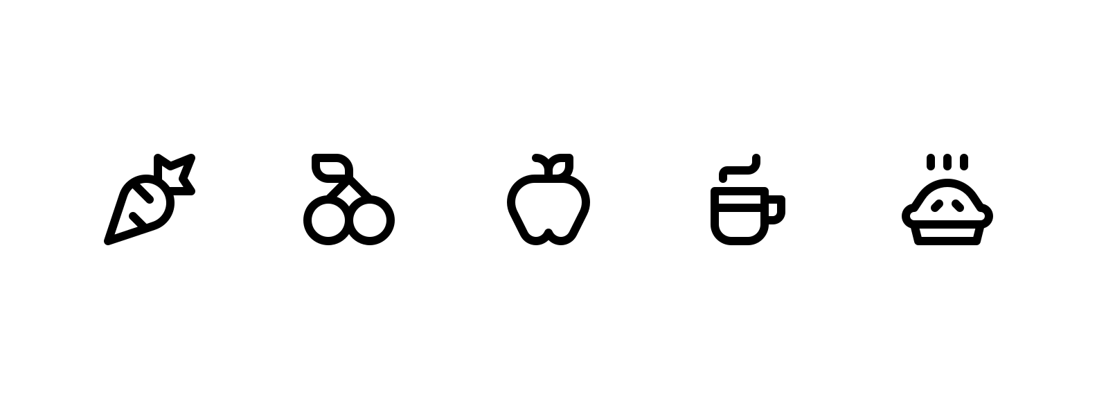Line art icons of food and drink on white background.