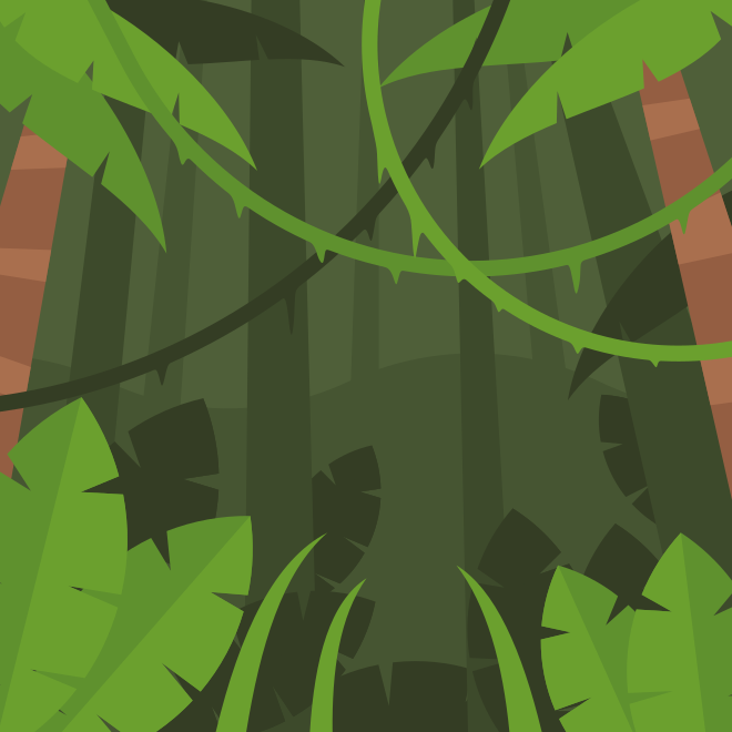Densa selva tropical com palmeiras e cipós pendurados.