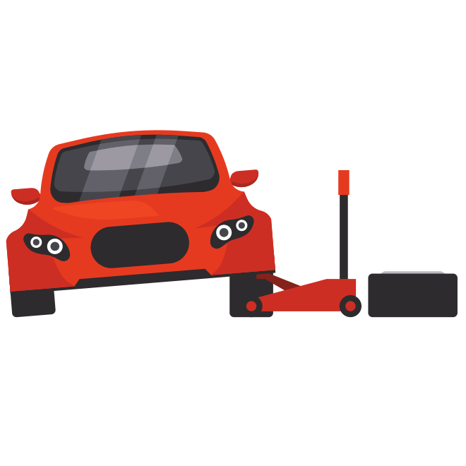 Red car lifted by a jack with a removed tire.