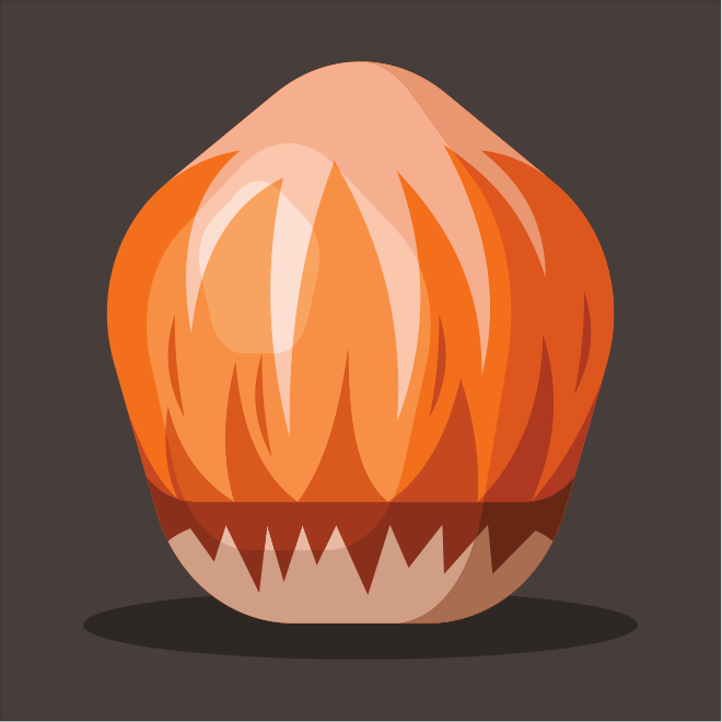 Um avelã laranja em desenho animado sobre fundo escuro.