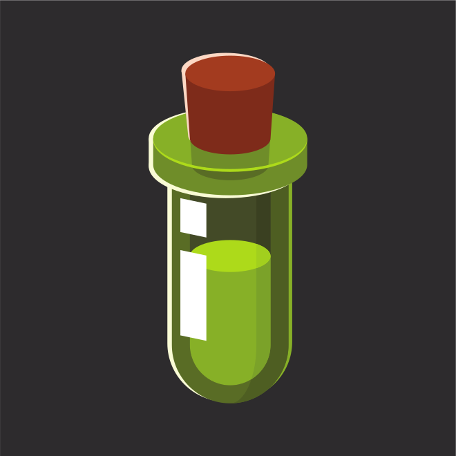 Green test tube with brown cork and liquid.