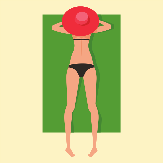 Une femme bronzant en bikini et chapeau rouge.