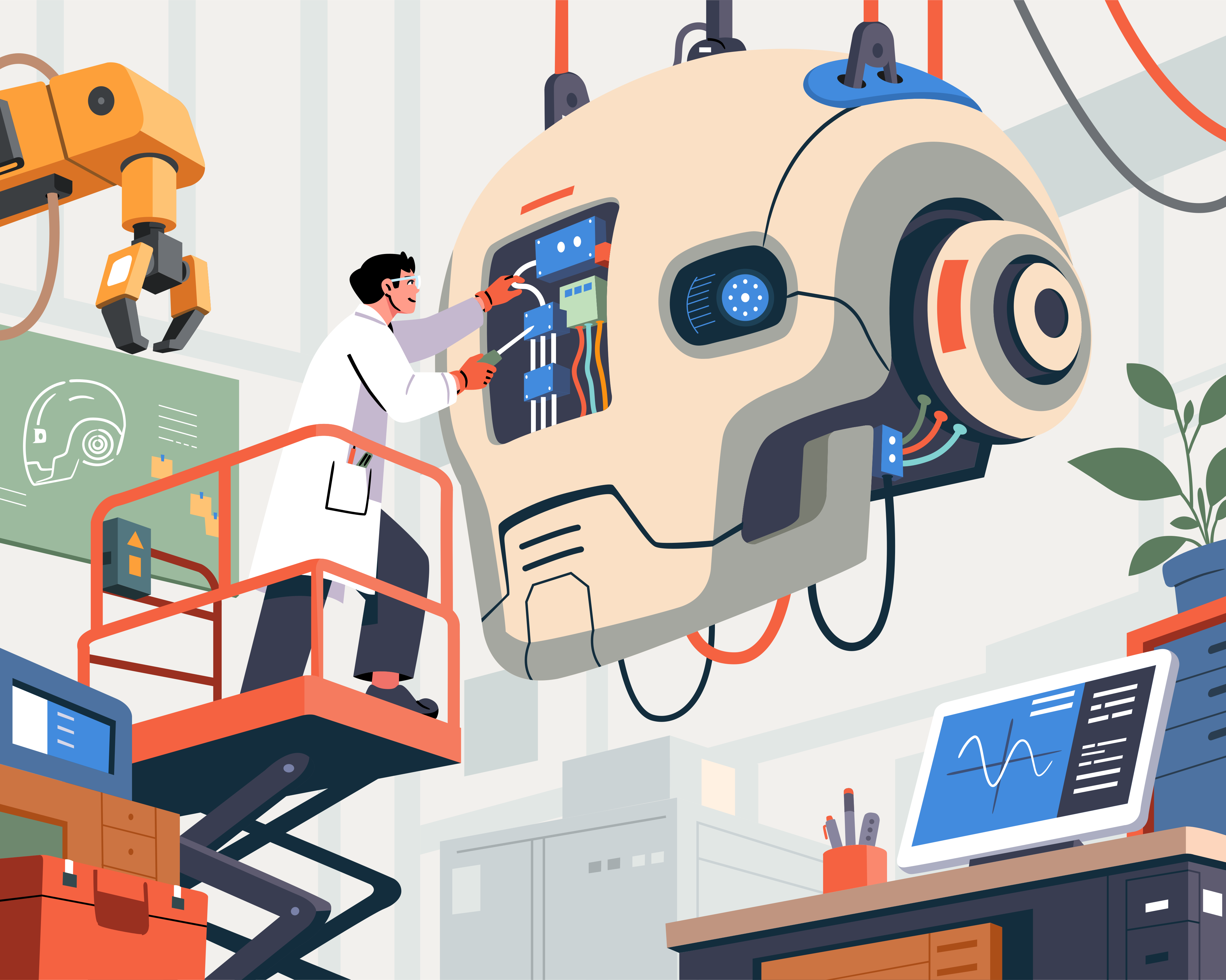 Ilmuwan di lift bekerja pada kepala robot besar.