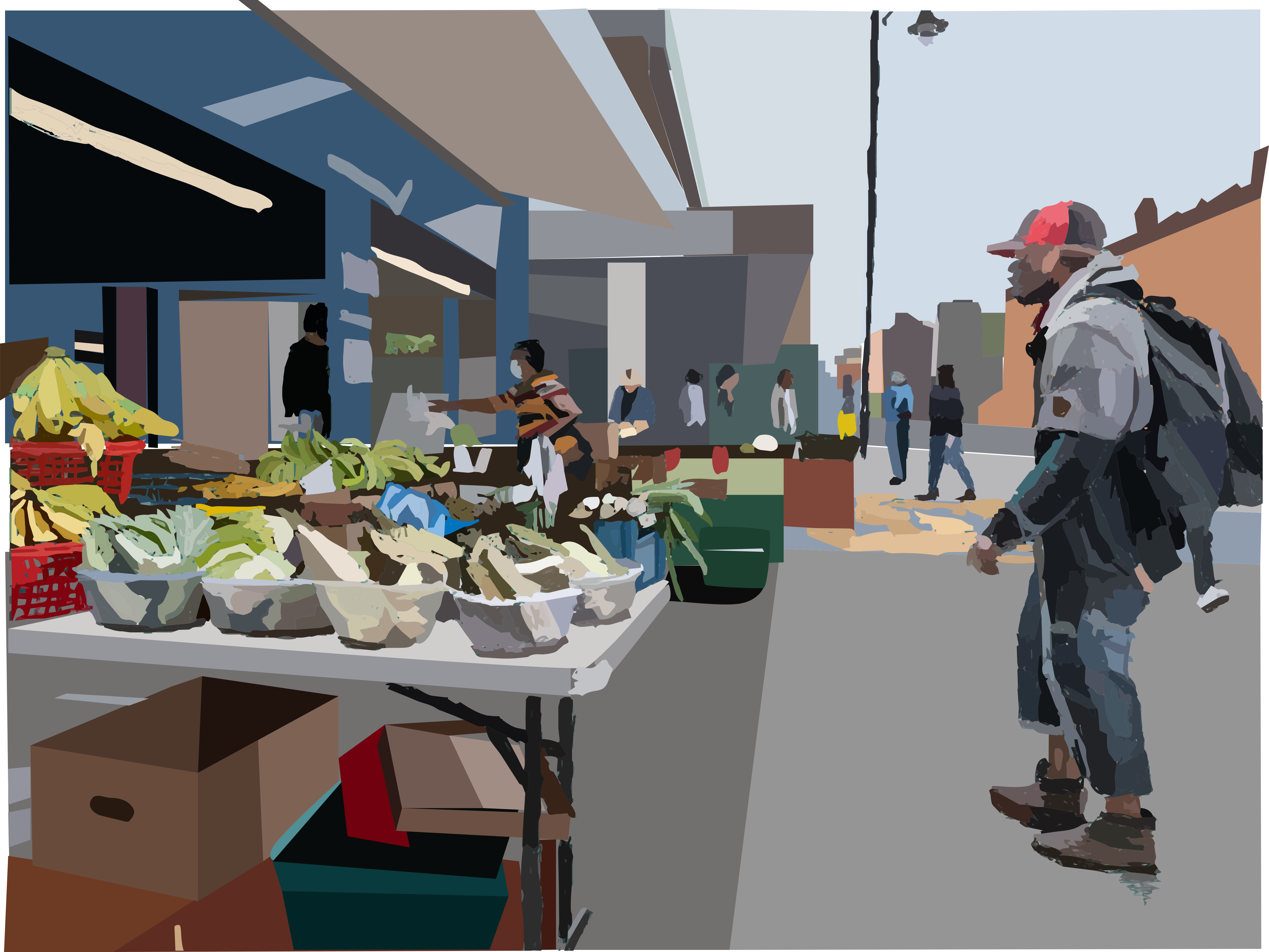 Un mercado al aire libre con puestos de productos y gente paseando.