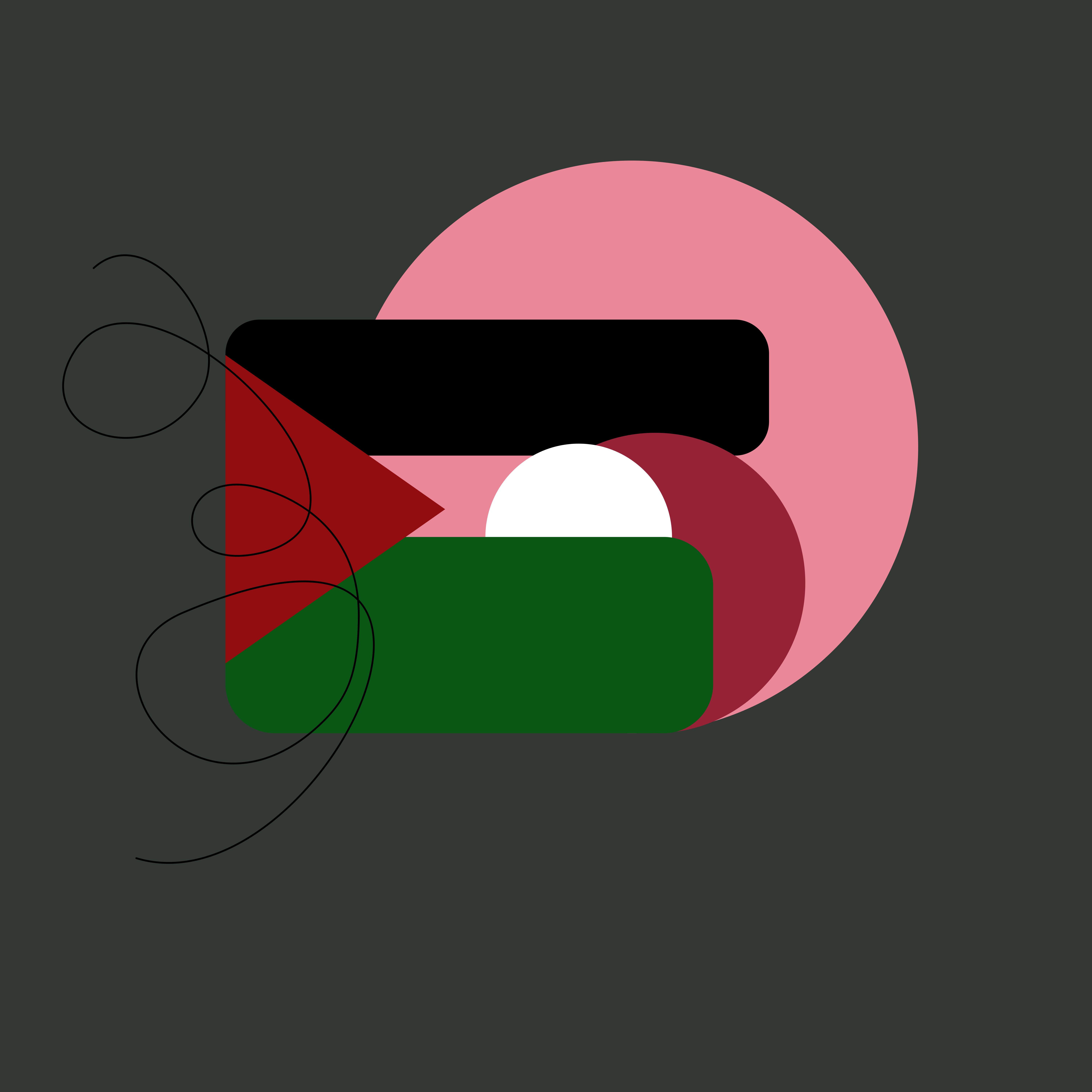 Abstract design with flag colors, geometric shapes, and wavy lines.