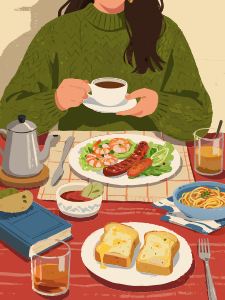 Mujer disfrutando del desayuno con café, tostadas, gambas y salchicha.