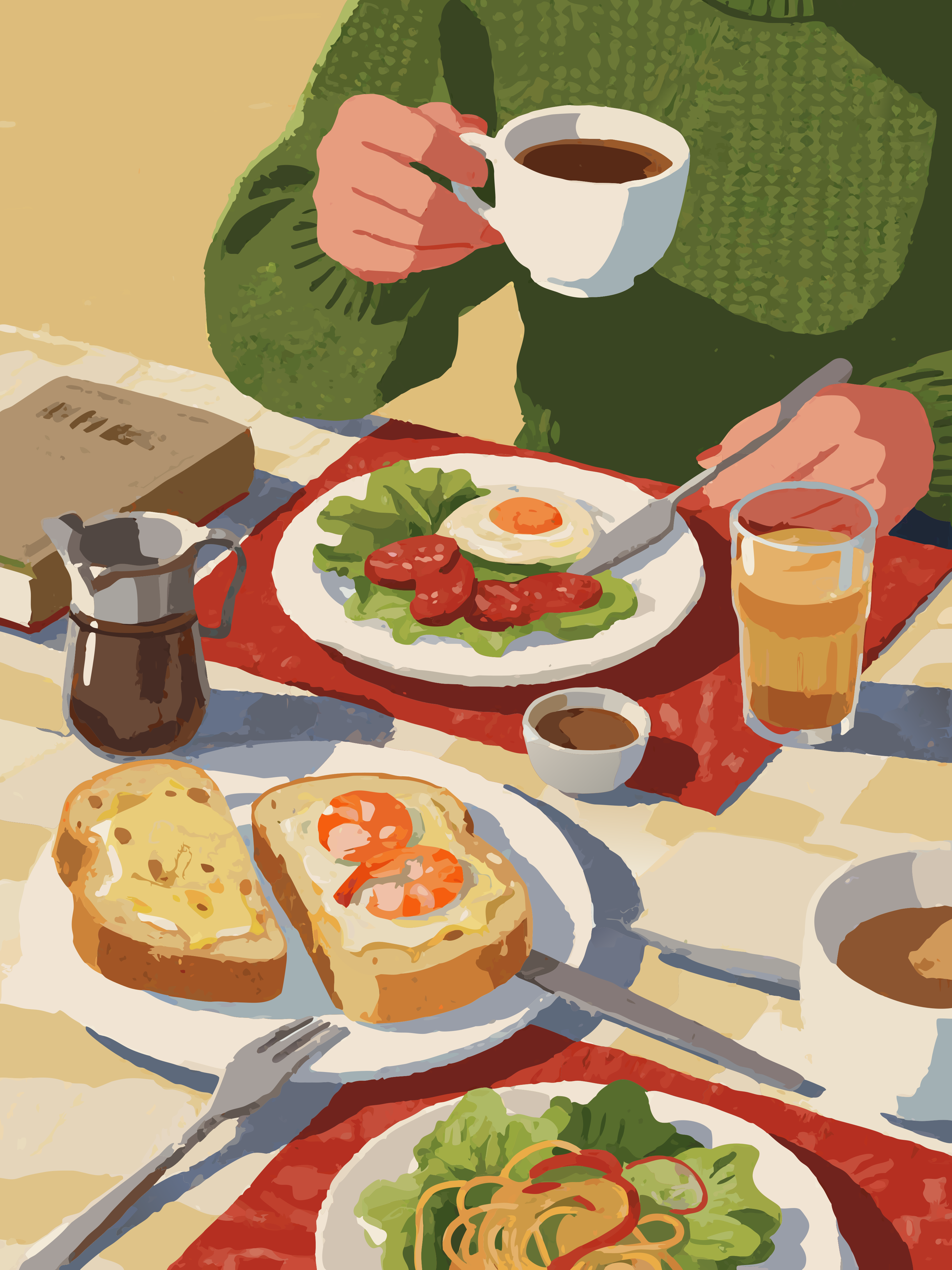 Persona disfrutando de un desayuno contundente con café, tostadas y huevos.