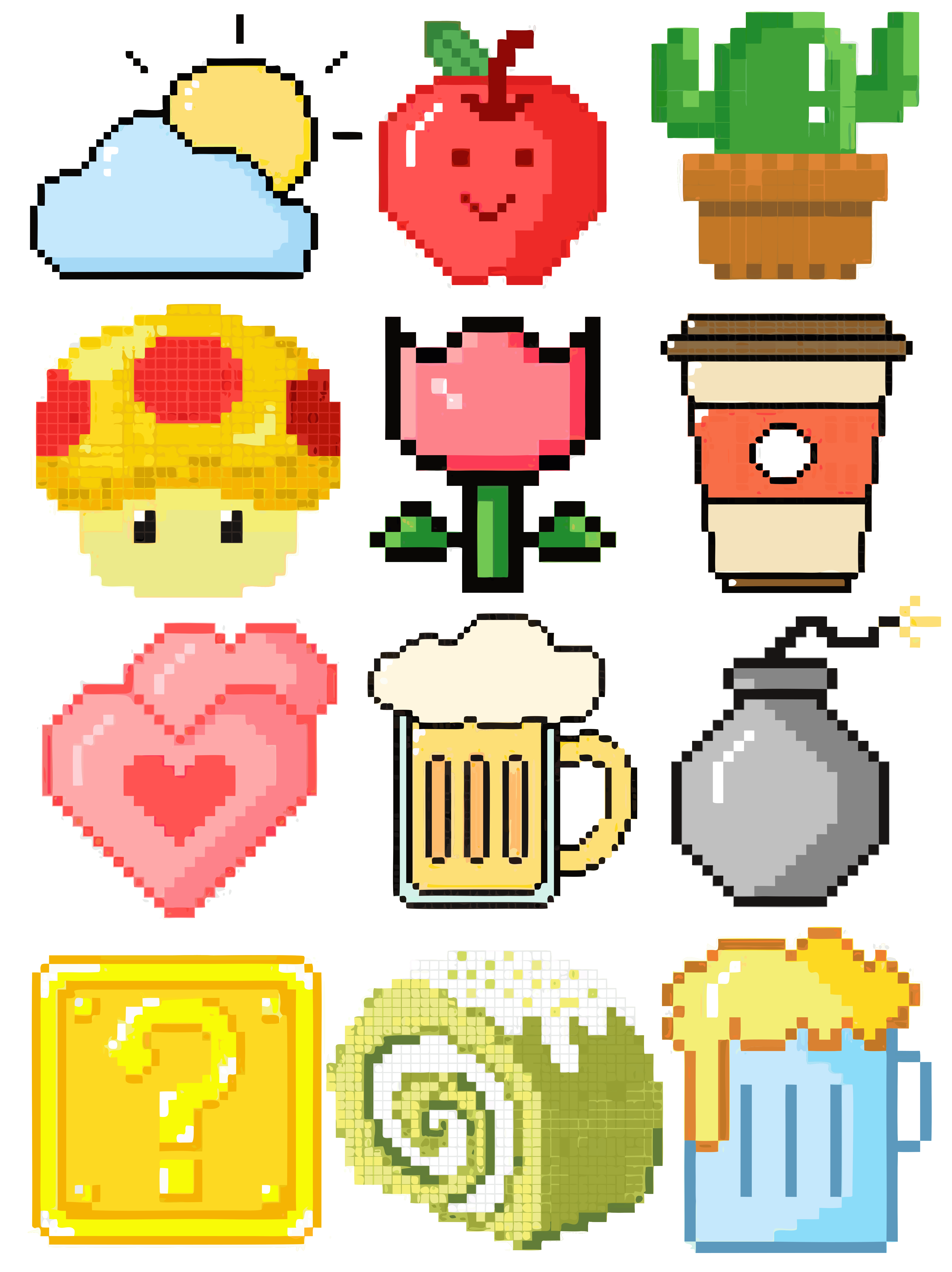 Dodici icone colorate in pixel art su sfondo bianco.