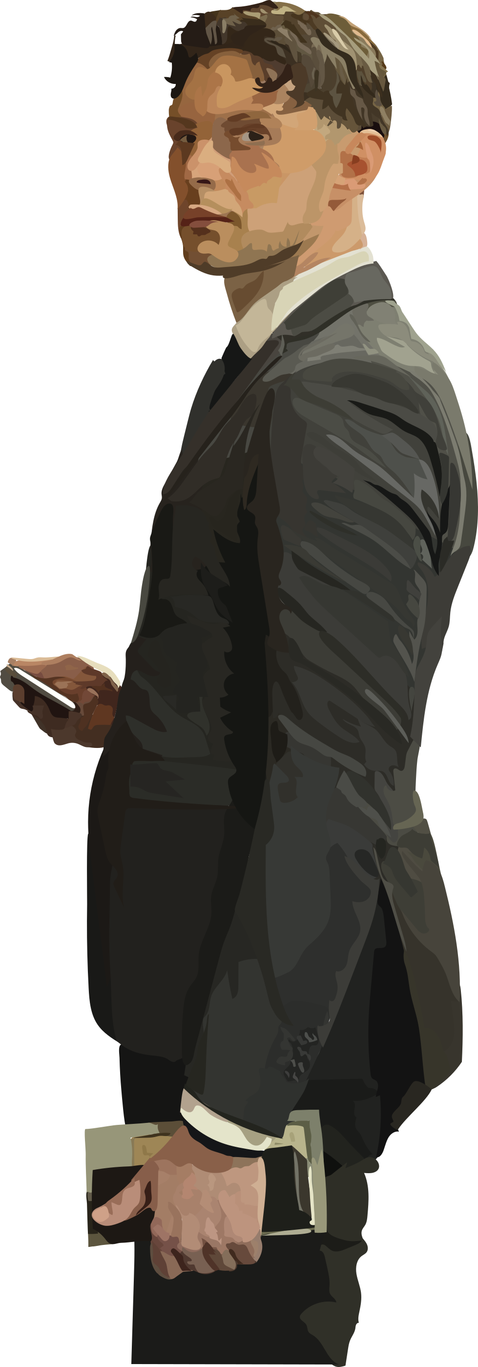 Mann im dunklen Anzug hält Smartphone und Papiere.
