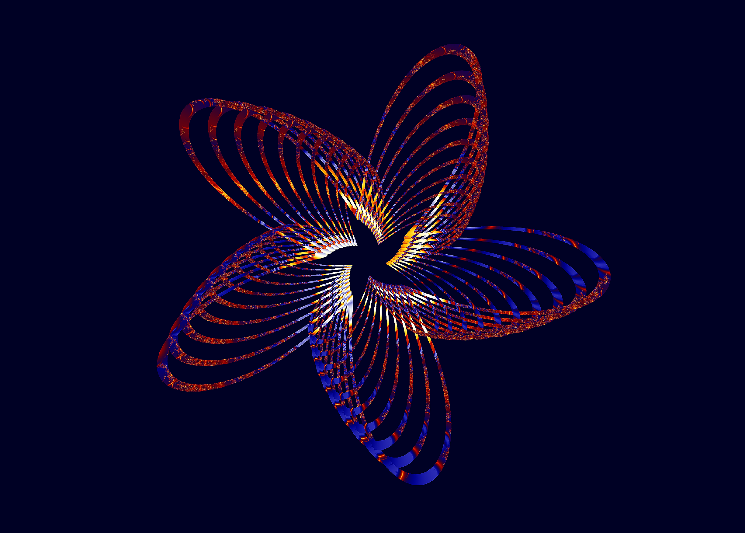 Forma abstrata de flor fractal colorida contra um fundo azul escuro.