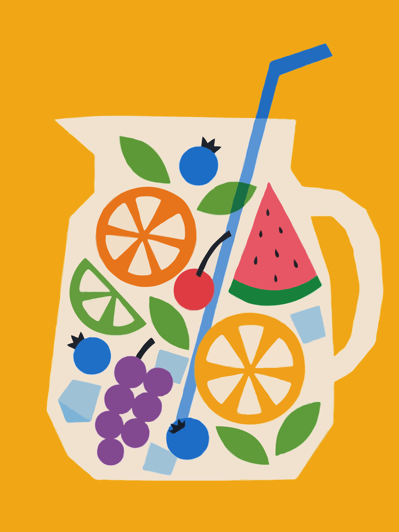Stylized pitcher of fruit punch with ice and a straw.